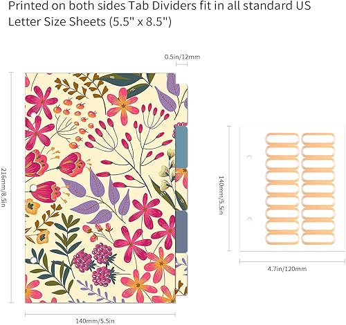 Miniatura 5 de Ospelelf Mini 3 Ring Binder, 1 Inch, Cute Floral Binder for 5.5" x 8.5" with 5 Tab Dividers, File Folder Labels and Low Profile Clipboards