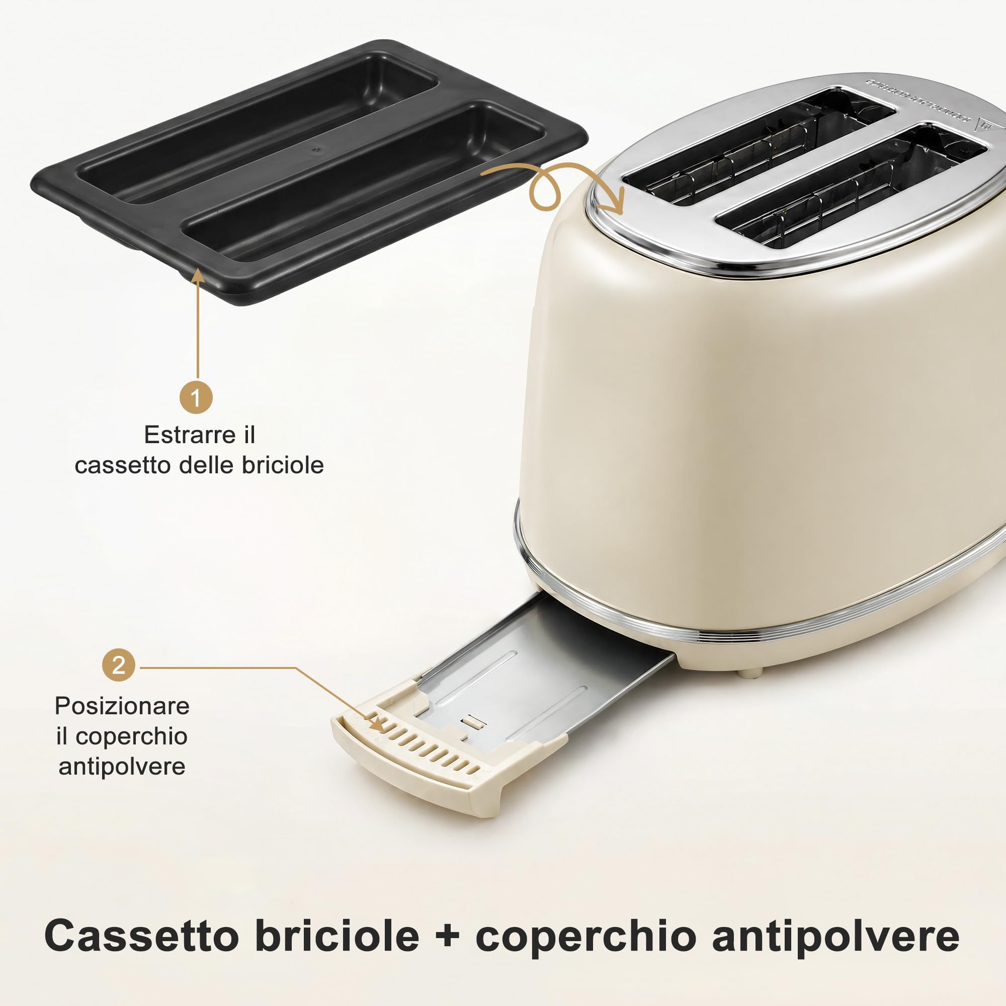 Wiltal Tostapane Retrò 2 Fette in Acciaio Inox – Tosta Pane Compatto con Scalda Pane, 6 Livelli, Funzione Scongelamento e Riscaldamento, Espulsione Automatica, Design Vintage Beige Elegante