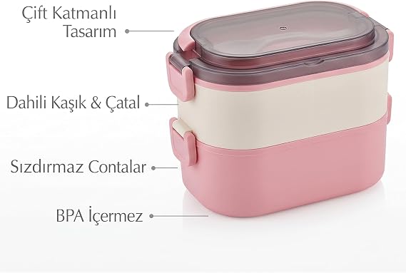 Promosyonca 2 Katlı Taşınabilir Yemek Kabı, Lunch Box, Diyet Beslenme Kutusu, Çatal Kaşık Dahil, 11.5 x 21 x 11.5 cm (Pembe-Krem)