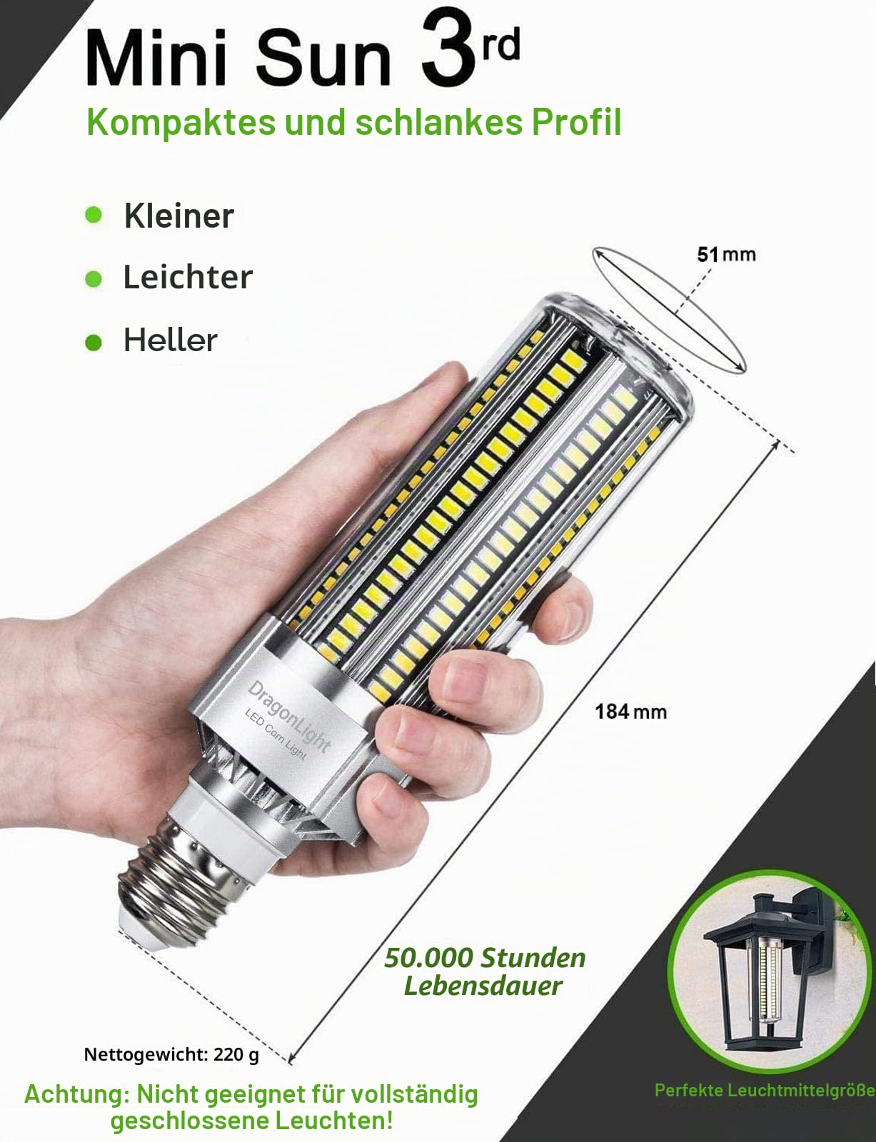DragonLight 50W Superhelle Mais Licht LED Glühbirne(Ersetzt 350Watt) - E27 Edison LED Lampe mit E40 Adapter - 6000K Kaltweiß 6000Lumen für Großes Gebiet Beleuchtung - Garage Halle Lager Werkstatt