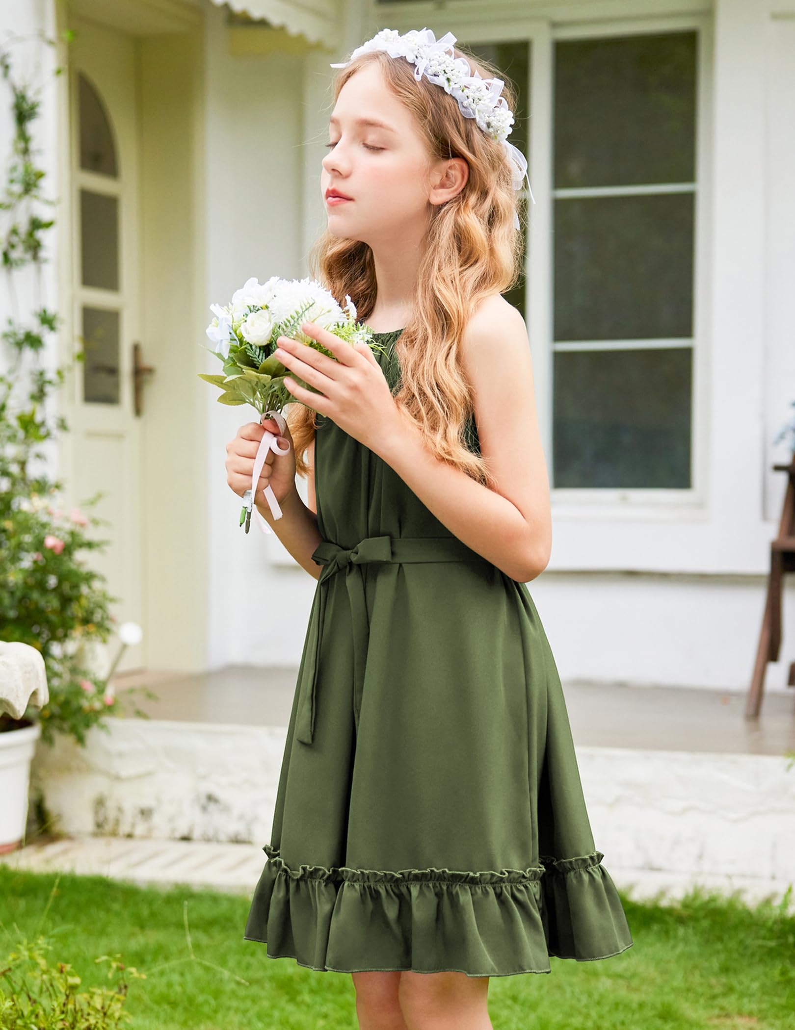 Arshiner Vestido para Niña Verano Midi Volantes Corte A Cuello Halter Fiesta con Cinturón 6-14 Años