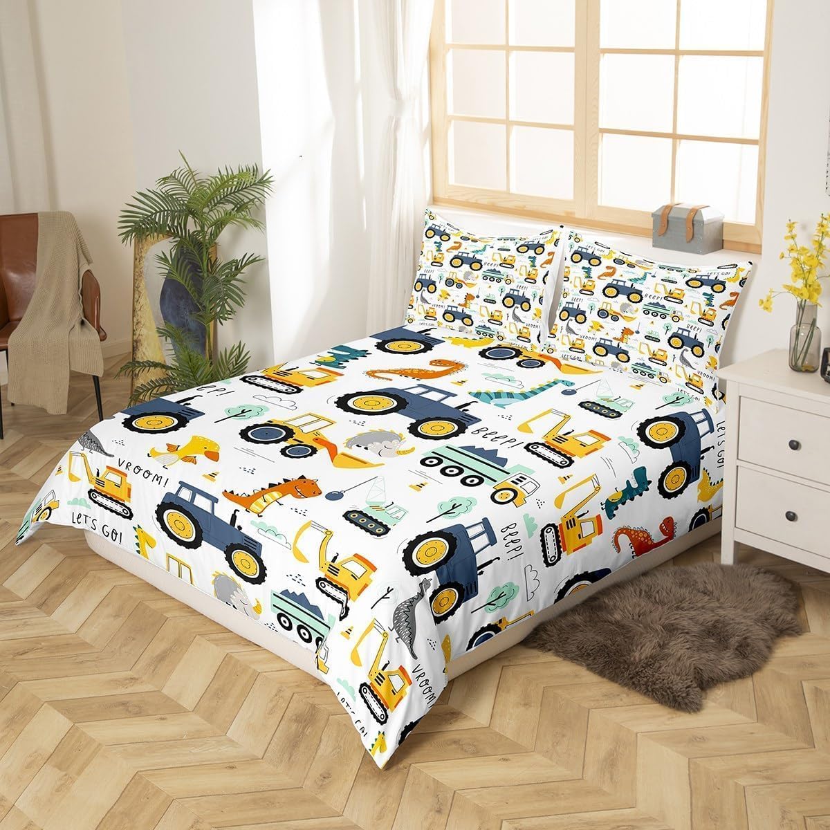 Homewish Cartoon Car Boys Bedding Single Microfiber Reversible Kids Dinosaur Single Duvet Cover Set for Boys Teens Cute Tractor Excavator Pattern Bedding Sets - Image 3