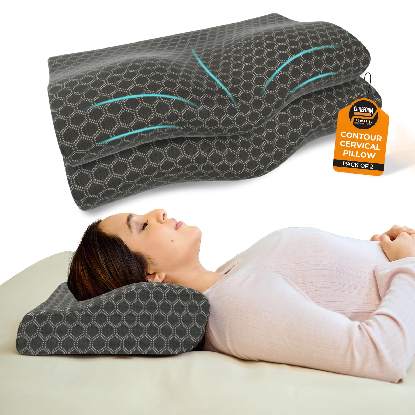 CareFoam Contour Cervical Gel Memory Foam Pillow | 2-Year Manufacturing Warranty | Ergonomic 3-Zone Orthopedic Pillow for Neck Support & Cervical Spine Alignment | Made in India |19 x 11 x 4 Inch