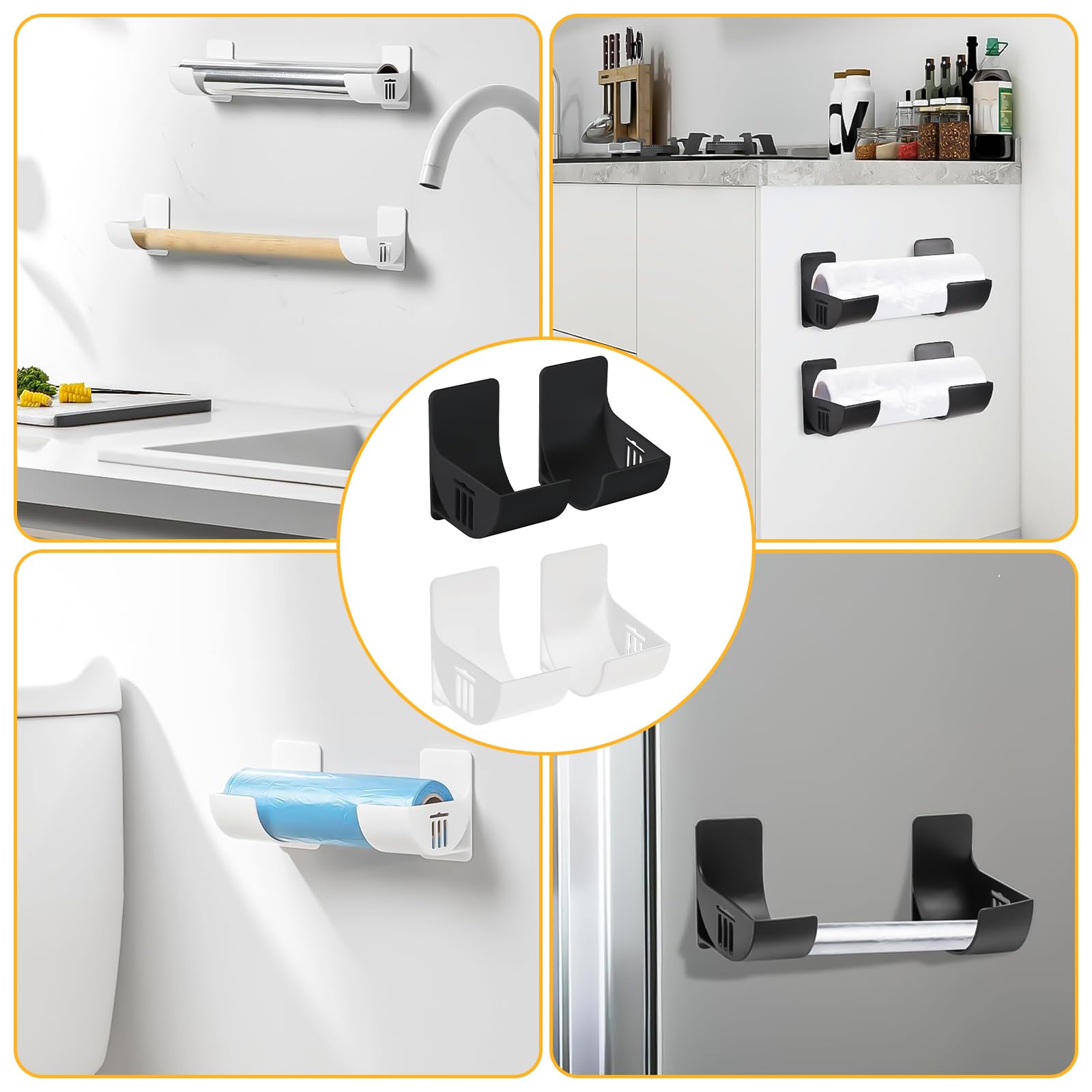 Lot De 8 Organiseurs De Cuisine Non Perforés - Montage Mural Distributeur De Sacs Poubelle Blanc Organiseur De Cuisine Pour Le Rangement Et Lorganisation Des Accessoires De Cuisine 92015150