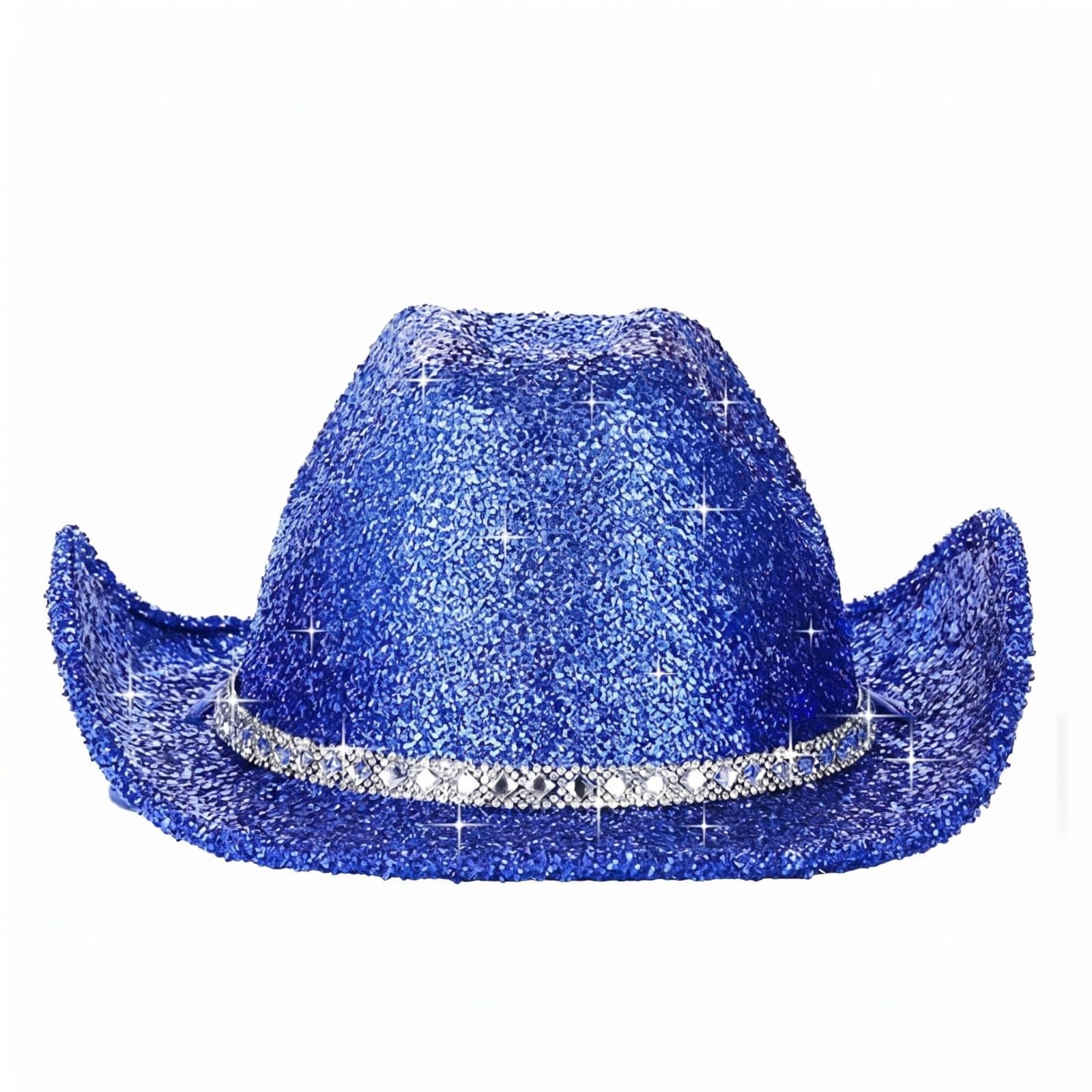 MYADDICTION Glittery Glittery Blue Cowboy Hat Wide Brim Jean Cowboy Hat Tall Crown Headwear Decorative Band, Blue, Feather Hat-image-45