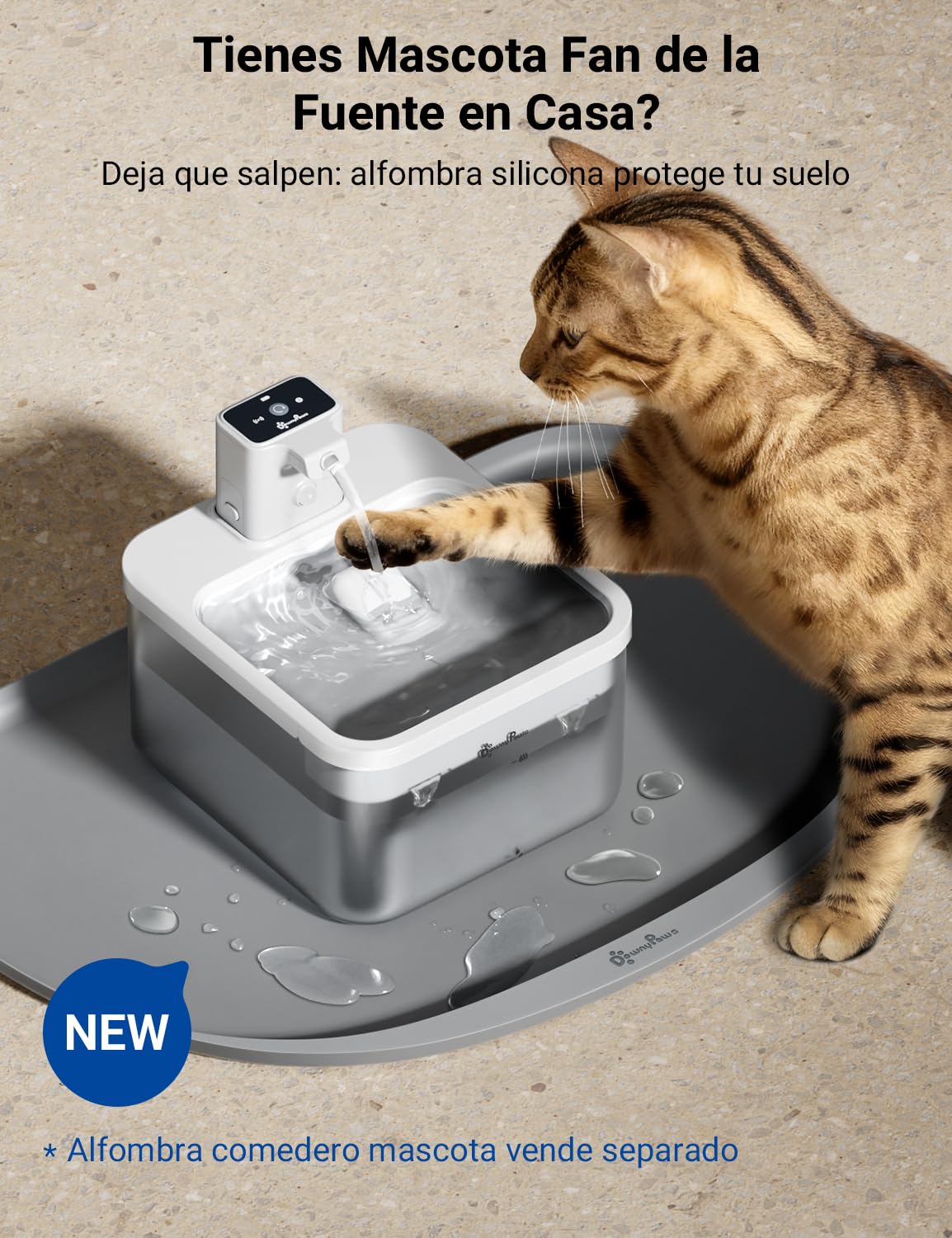 DownyPaws Fuente para Gatos Sin Cable, 2.5L Bebedero Gato con Sensor de Movimiento, Fuente Agua Gato Inalámbrica, Batería Recargable 4000mAh, Bomba de Agua Silenciosa, Blanco