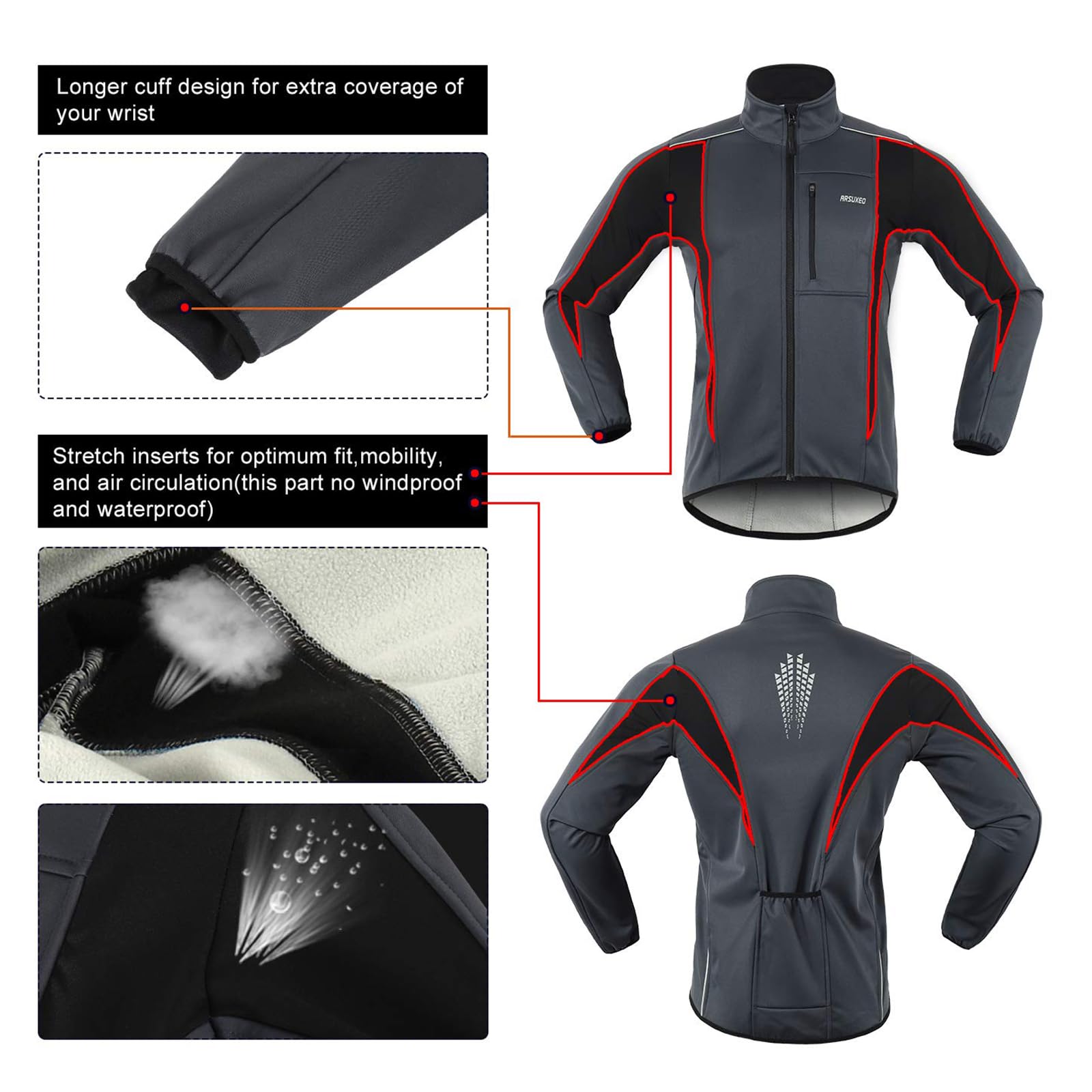 Chaqueta de ciclismo Softshell para hombre térmica, cálida y cortavientos Maillot impermeable para ciclismo de montaña; equipamiento para clima frío ideal para esquí, ciclismo