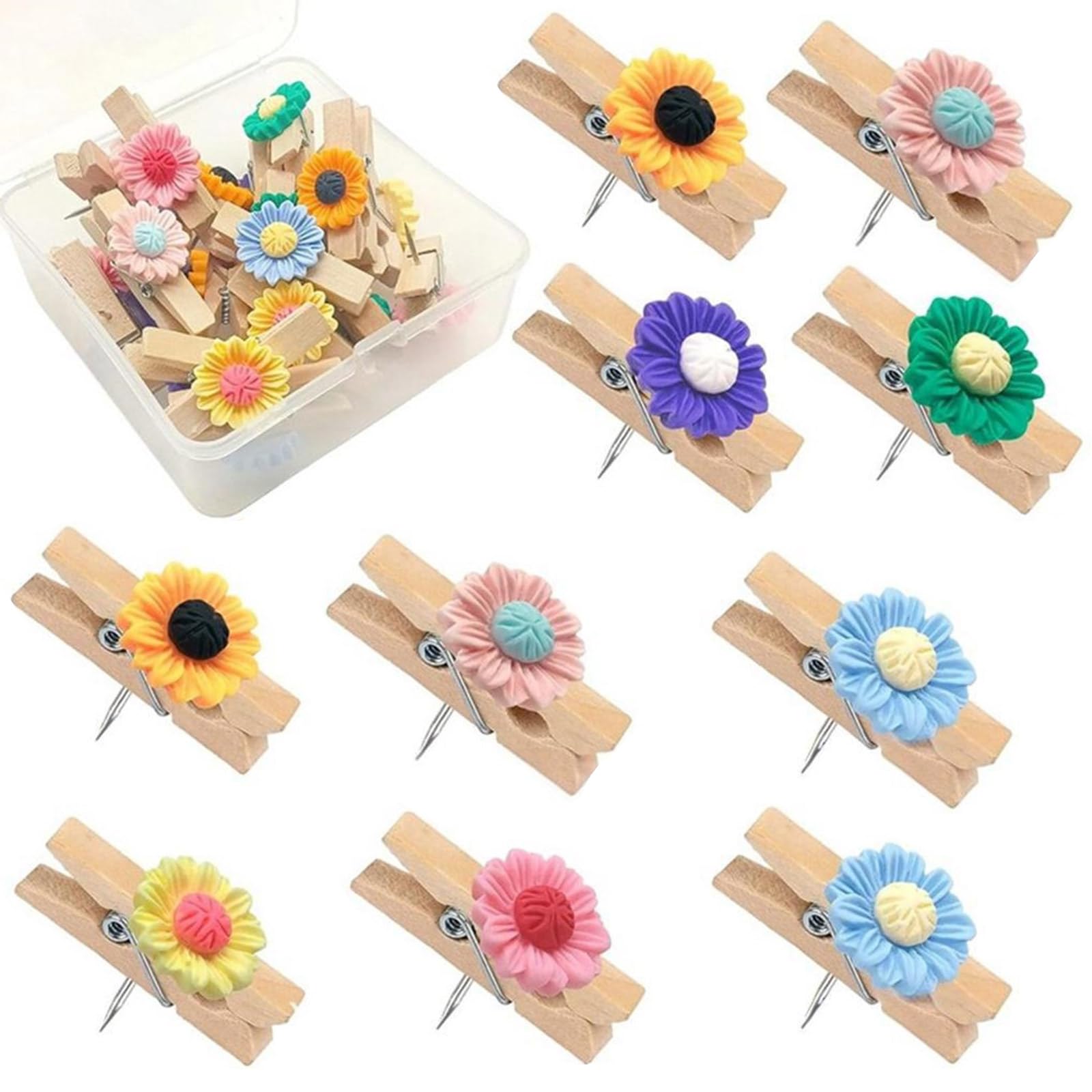 Assorted Flower-Shaped Push Pins, 10 Durables Bulletin Board Accessories for Craft Projects Memo Displays Wooden Flower Design Thumb Tacks