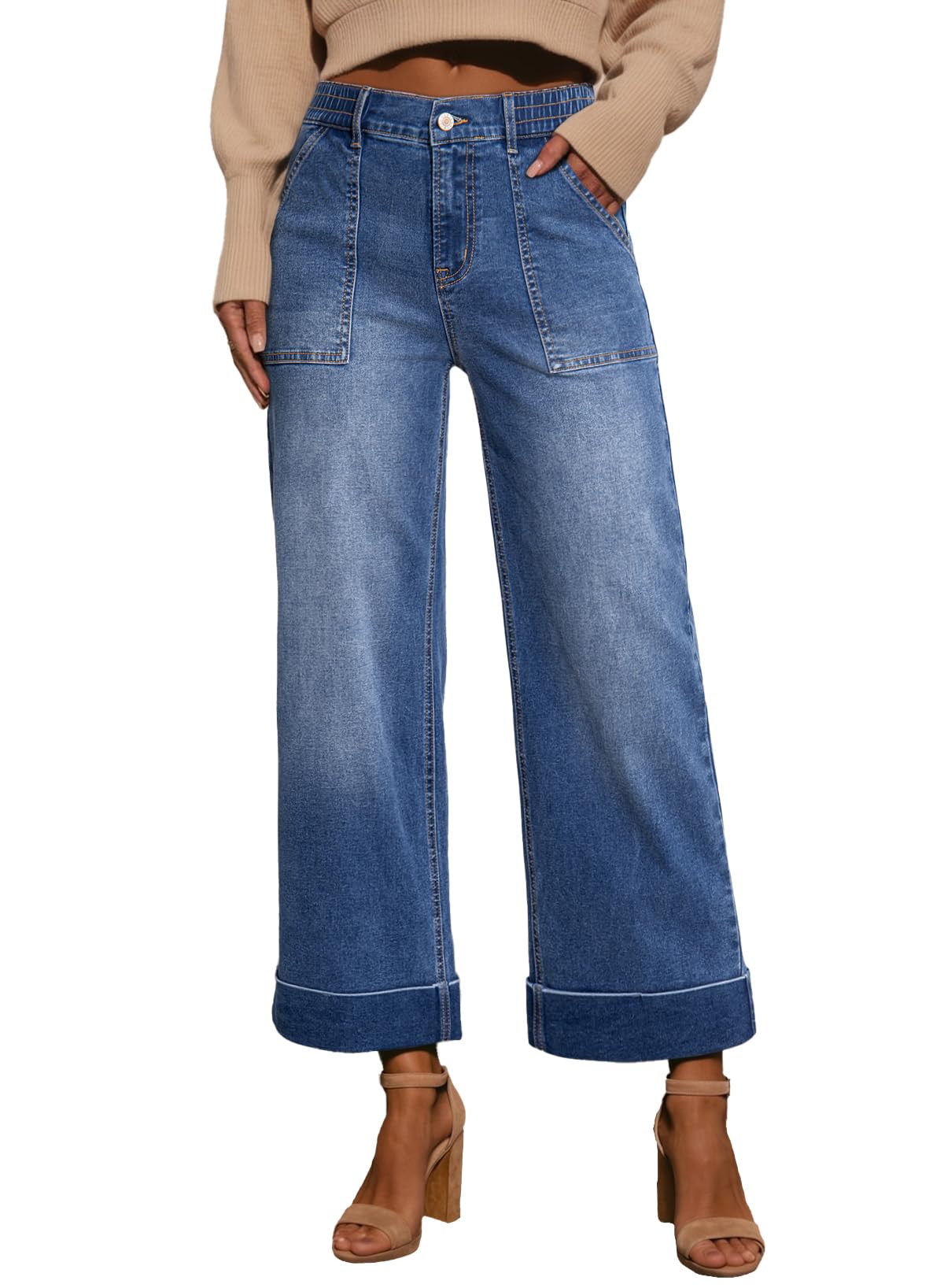 EVALESS Womens High Waist Wide Leg Jeans Trendy Cropped Denim Pants Solid Ankle Length Stretchy Jeans with Pockets