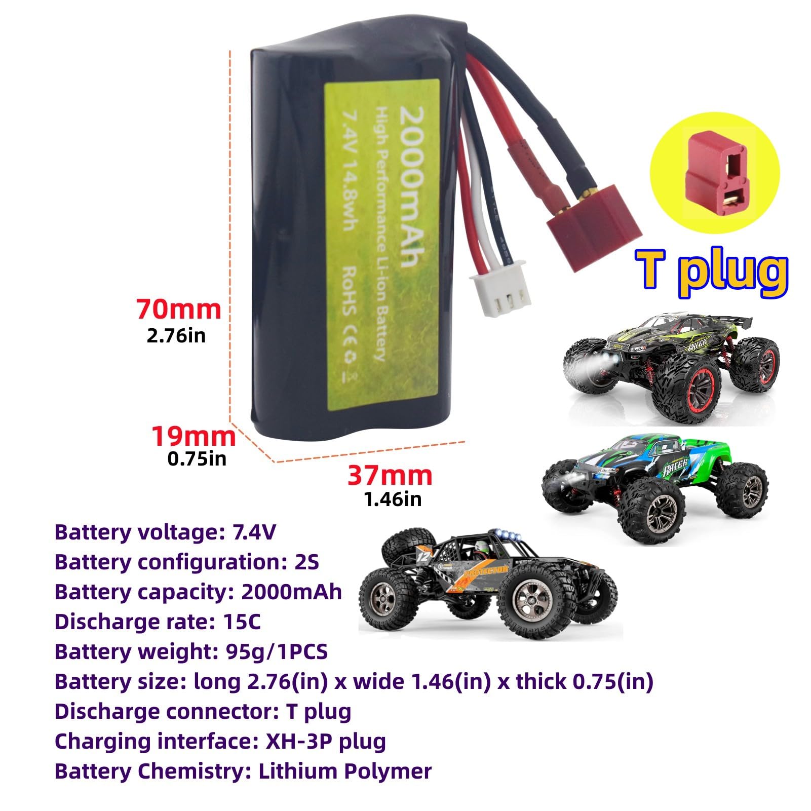 Blomiky - Paquete de 2 baterías Lipo de 7.4 V 2000 mAh con enchufe en T y cable USB, adecuado para RC Avión, Barco o RC Camiones Coches / 7.4 V 2000 Blomiky - Paquete de 2 baterías Lipo de 7.4 V 2000 mAh con enchufe en T y cable USB, adecuado para RC Avión, Barco o RC Camiones Coches / 7.4 V 2000