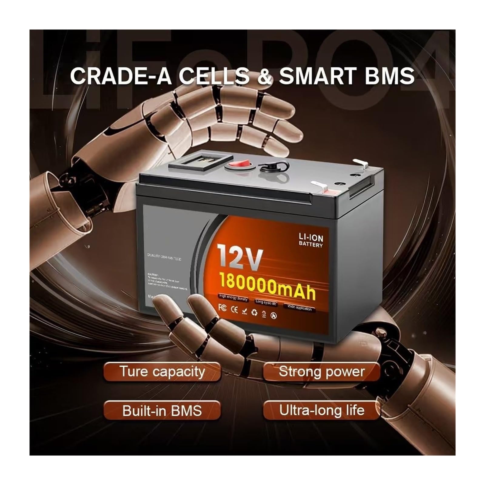 Batteria al litio ferro fosfato LiFePO4 12V 150AH Accumulo di energia domestica | Sistema off-grid for camper Sistema di generazione di energia solare Nave(150000mAh-01)