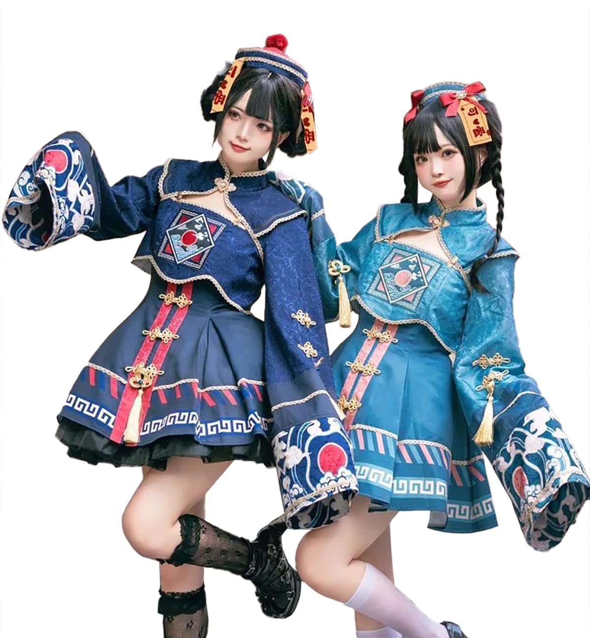 [Ecrisdoo] Choose from 3 colors Halloween Cosplay 3-piece set Kyonshi costume Halloween costume One-piece dress Adult Monster Devil Vampire Disguise Zombie Chinese dress Women Cute Ladies Large size - Medium - Navy (Hat+Top+Skirt)