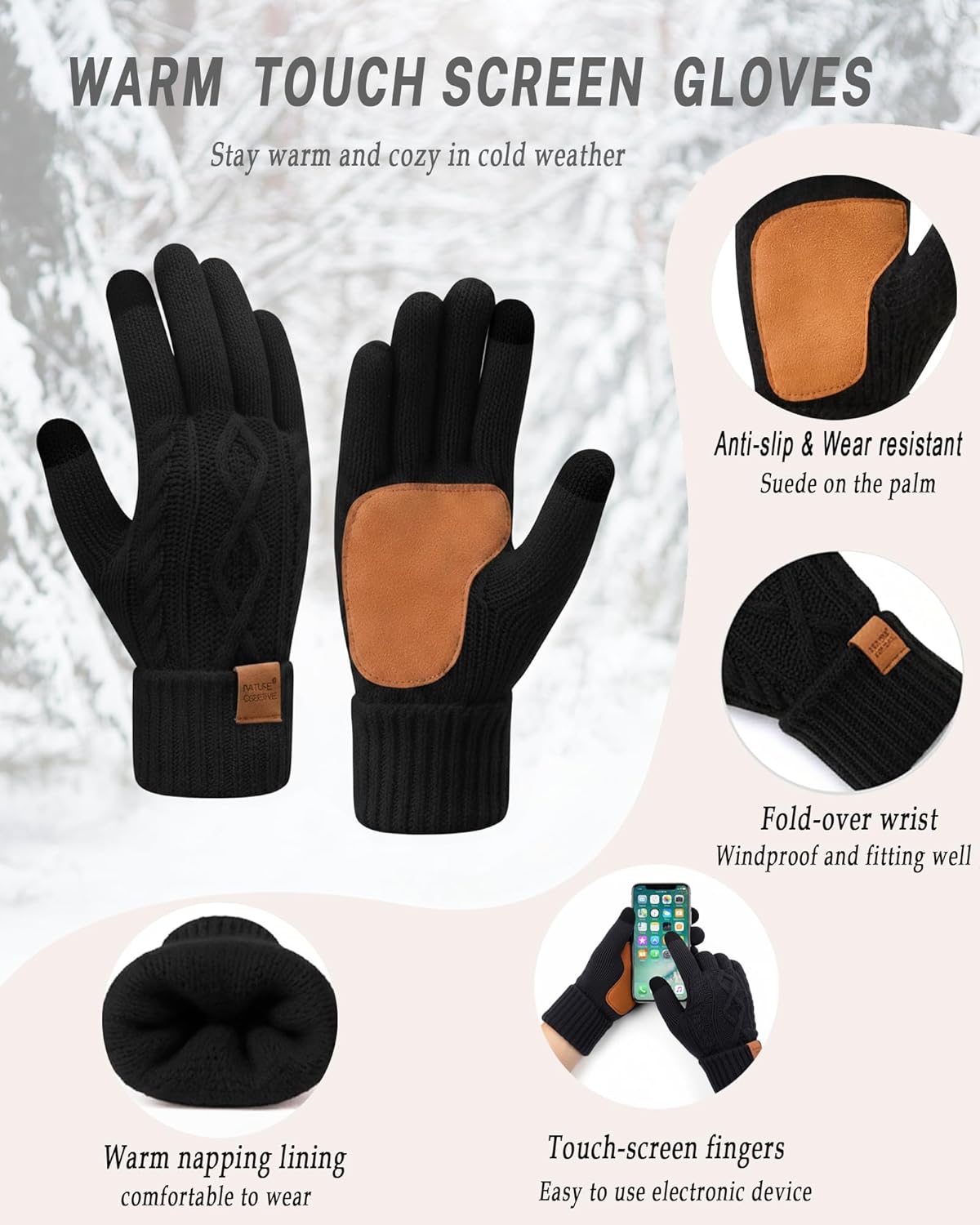 Womens Hat Scarf Gloves Set Winter Warm Thick Soft Long Knit Scarf Fleece Lined Beanie Touchscreen Glove Cold Weather Gift - Image 4