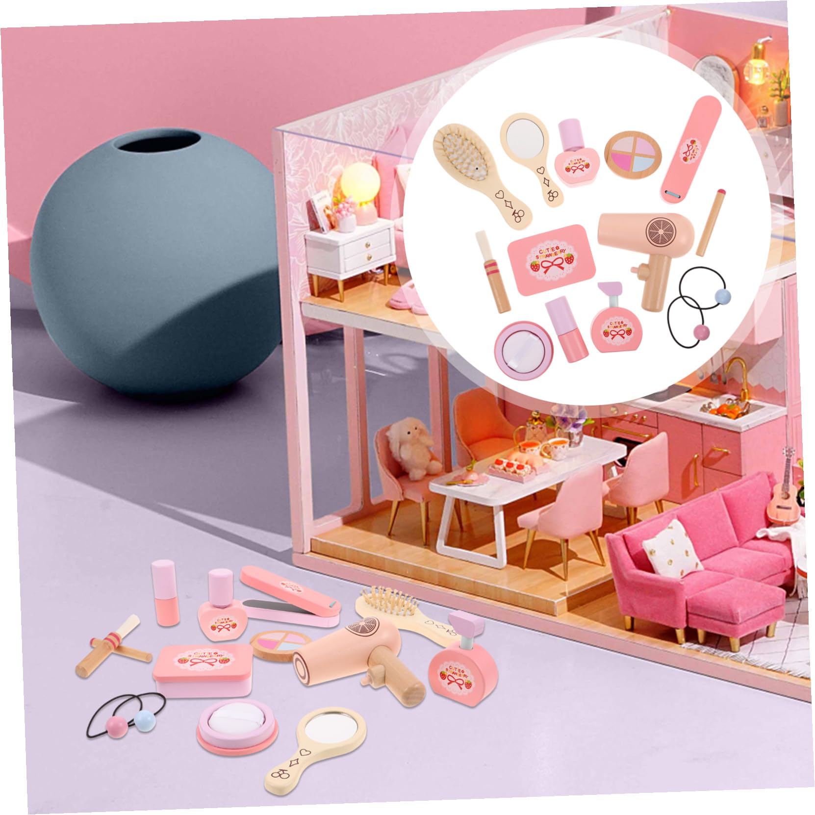 ORFOFE Trucco Giocattolo in Legno per Bambine Kit Trucco Finto con Specchio Rossetto Phon e Profumo Giochi Creativi per Bambina e Giochi di Imitazione per Bambine Regalo Compleanno e