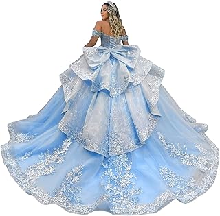 Off Shoulder Quinceanera Dresses Luxury Tiered Tulle Sweet 15 16 Dresses with Bow Sparkly Lace Beaded Ball Gown - Buy now