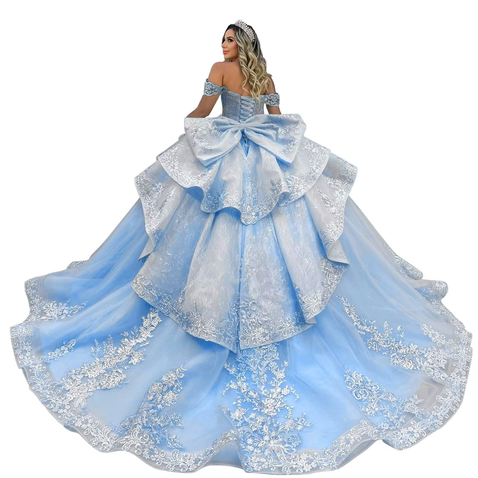 Zhangyo Off Shoulder Quinceanera Dresses Luxury Tiered Tulle Sweet 15 16 Dresses with Bow Sparkly Lace Beaded Ball Gown