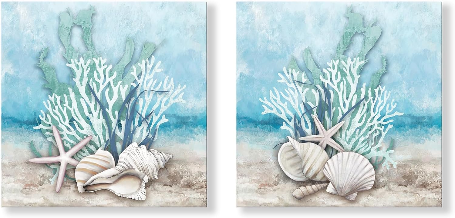 iHAPPYWALL 2 Pieces Ocean Theme Canvas Wall Art Coastal Shell Starfish Coral Conch Picture for Bathroom Kitchen Living Room Ready to Hang 12x12inchx2pcs
