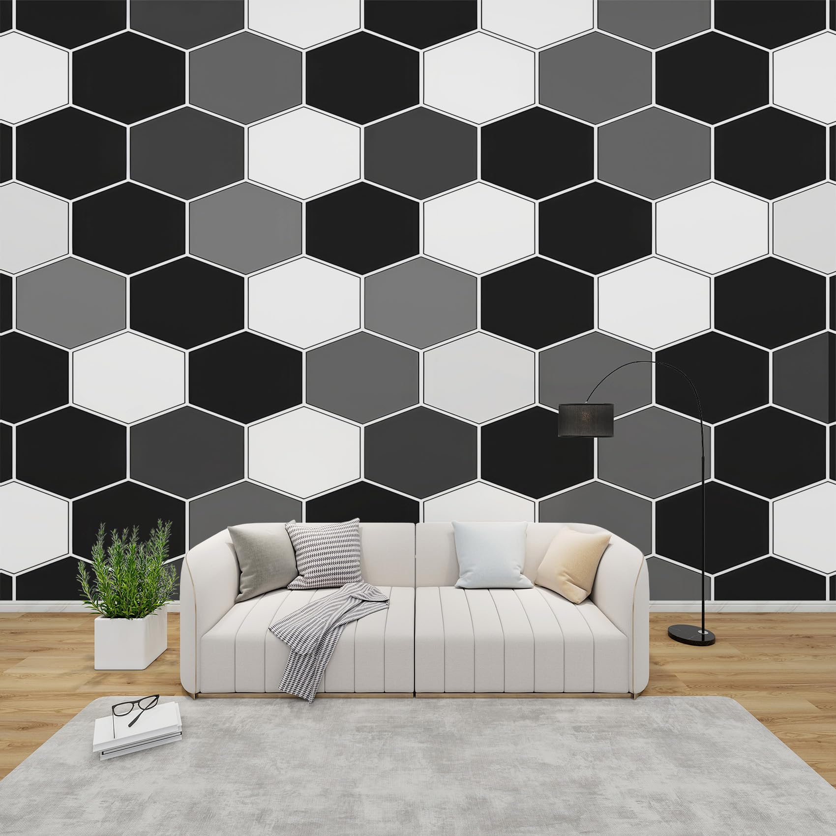 QEODAH Geometric Wallpaper for Living Room, Honeycomb Wall Art for Bedroom, Black and White Wall Murals for Bedrooms, Renter Friendly Removable Waterproof Non-Woven Photo Wallpaper 3D, 100x70 cm