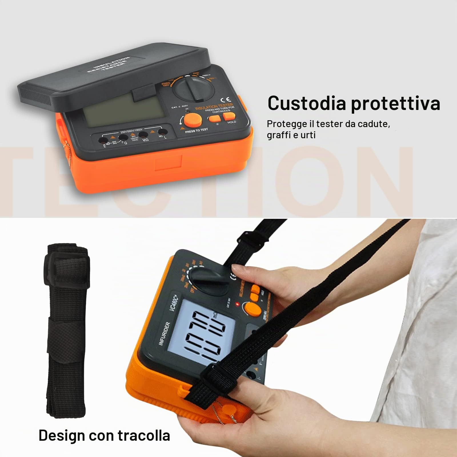 Tester Digitale di Resistenza Isolamento, Misuratore di Resistenza di Isolamento Megaohmmetro YF-VC60B+, Tester di Tensione 250/500/1000 V, Megaohmmetro con Display LCD Retroilluminato, Blocco Dati