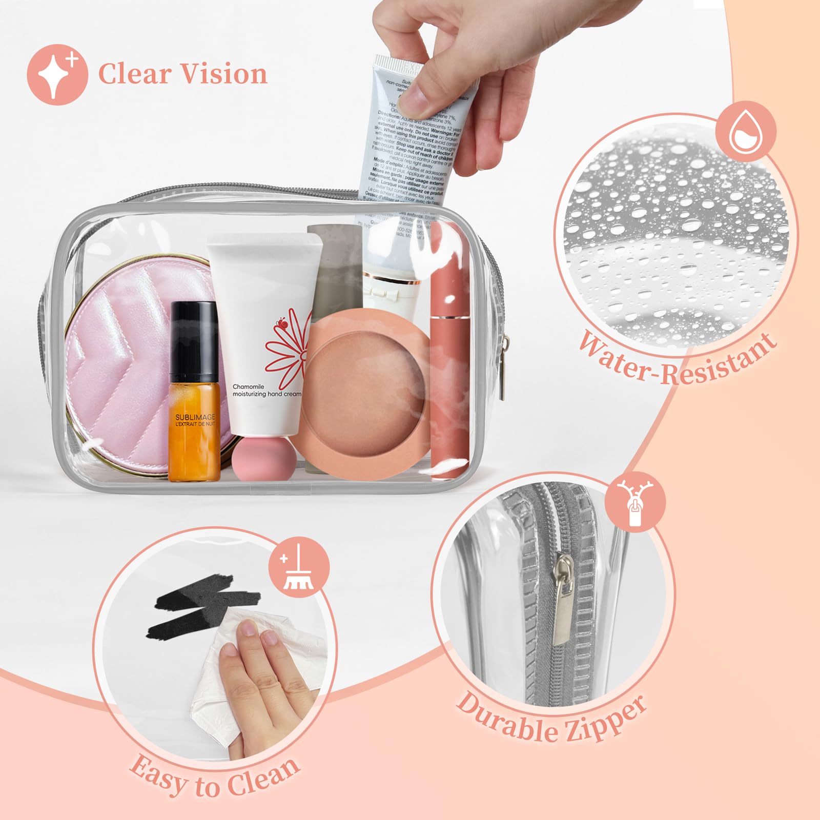 TISRATOK 12 bolsas de maquillaje transparentes para mujer con cremallera, bolsa de aseo aprobada por la TSA, bolsa de cosméticos a granel para organizador de viaje esencial, Gris, S, Diario