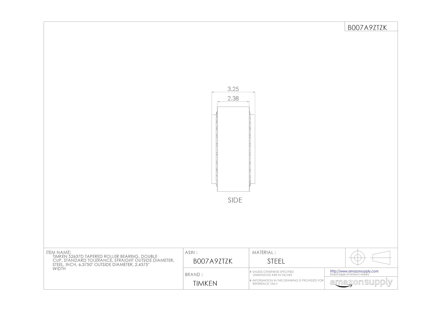 Timken 52637D Tapered Roller Bearing, Double Cup, Standard Tolerance, Straight Outside Diameter, Steel, Inch, 6.3750" Outside Diameter, 2.4375" Width