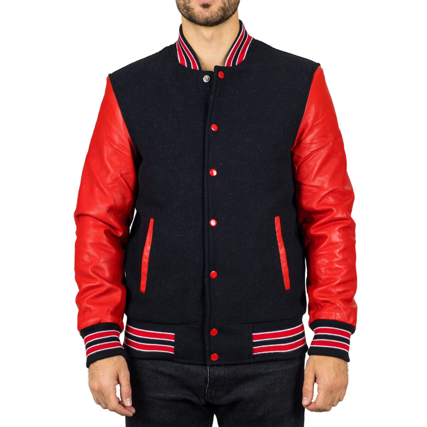 TruClothing Men's Black Red Varsity Bomber Jacket Wool Body Real Leather Sleeves College Baseball Coat - Black Red M