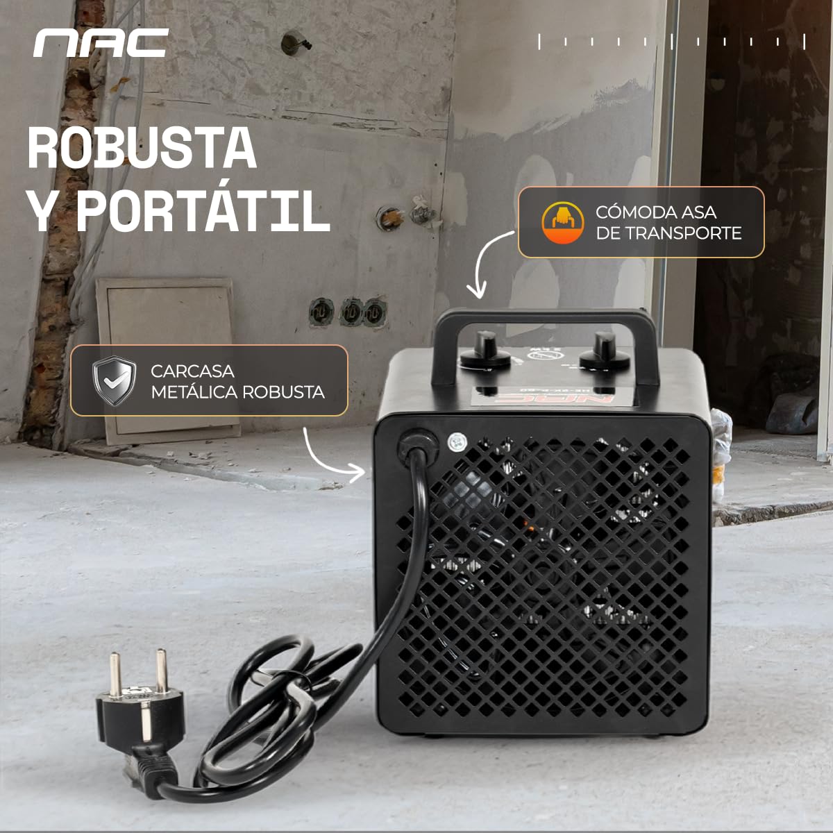 NAC Calefactor Ceramico Electrico 2000W - Calentador Electrico con 3 Niveles de Calefacción - Calefactor Portatil Industrial con Termostato, Cañon de Calor - Heater Electric para Garaje Taller Obra