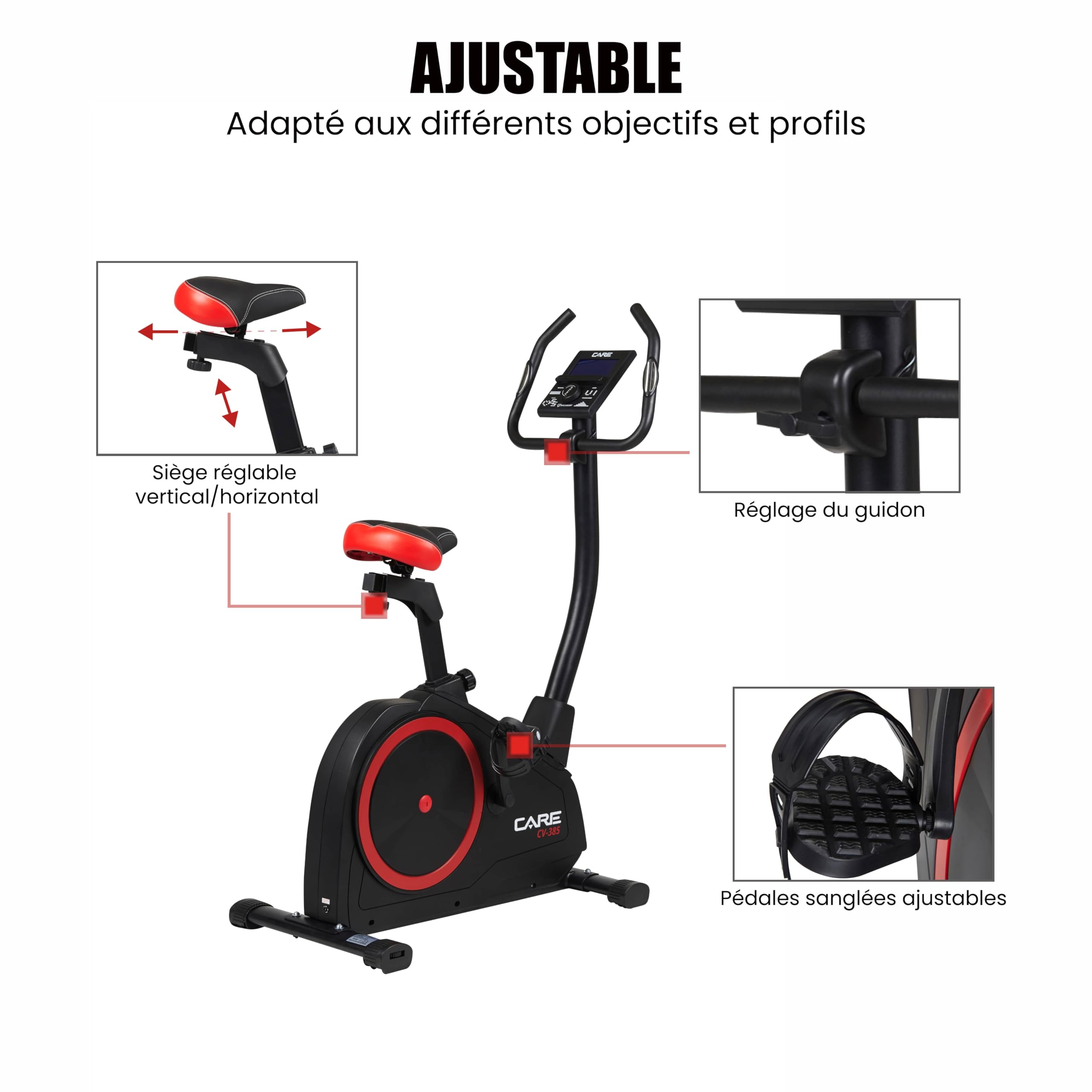 CARE FITNESS - Vélo d’Appartement CV-385-24 Niveaux de Difficulté - 24 Programmes - Compteur LCD Rétro-éclairé - Cardiofréquencemètres - Compatible avec l'application Kinomap - Port USB Noir