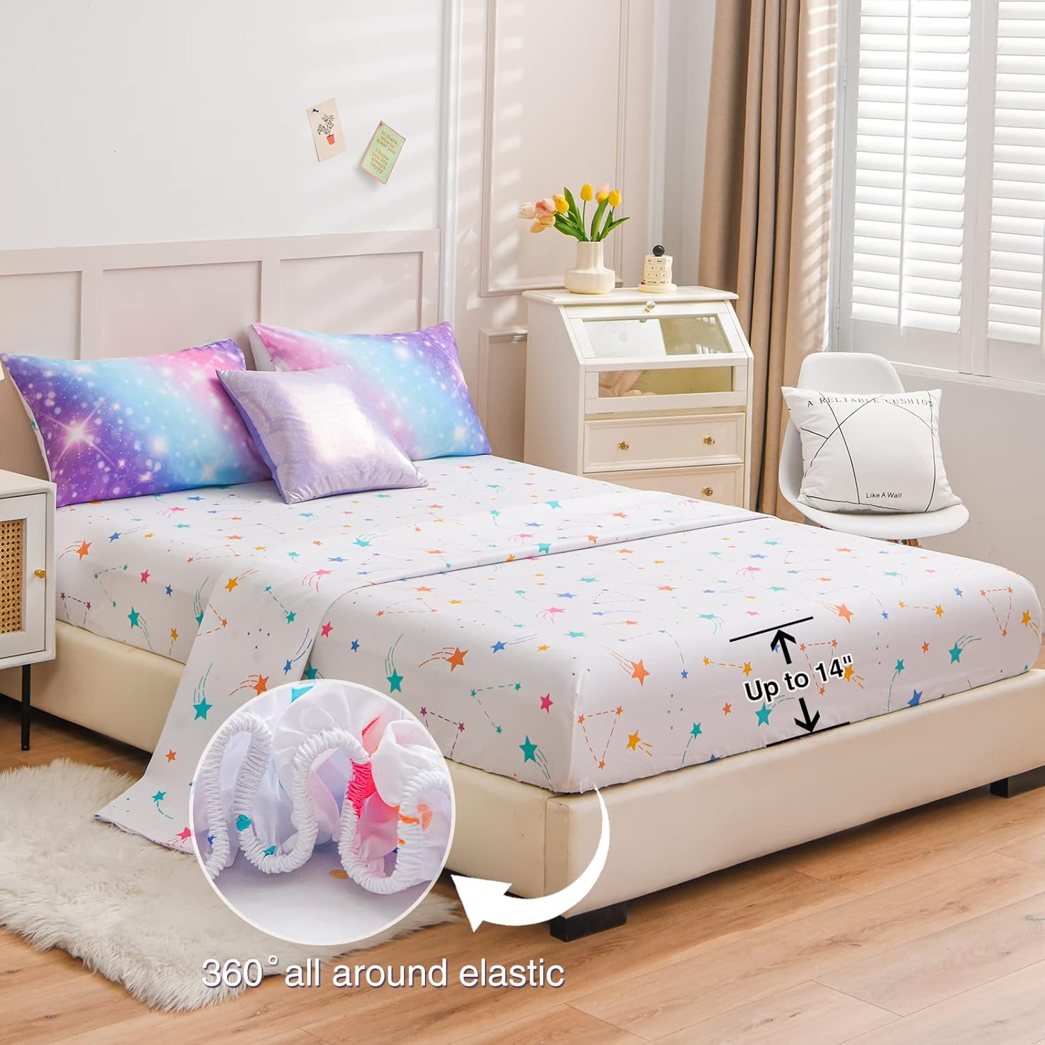 A Nice Night 6Pcs Gradient Glitter Bedding Set for Girls Twin Size, Colorful Rainbow Galaxy Comforter Set, Ultra Soft Bedding Sets, Purple