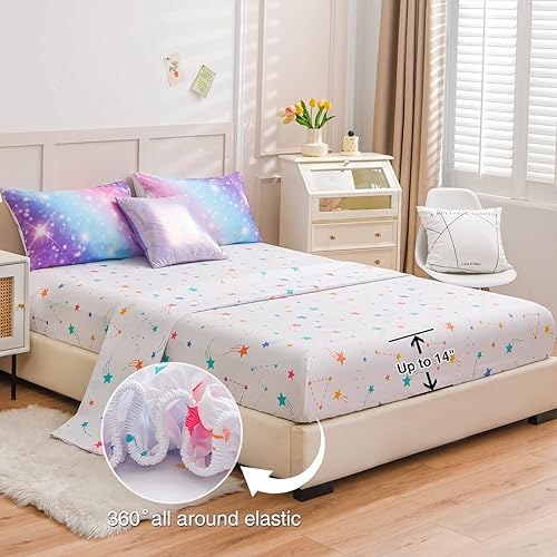 Miniatura 5 de A Nice Night Juego de ropa de cama de 6 piezas con purpurina degradada para niñas, tamaño matrimonial, juego de edredón colorido de galaxia arco