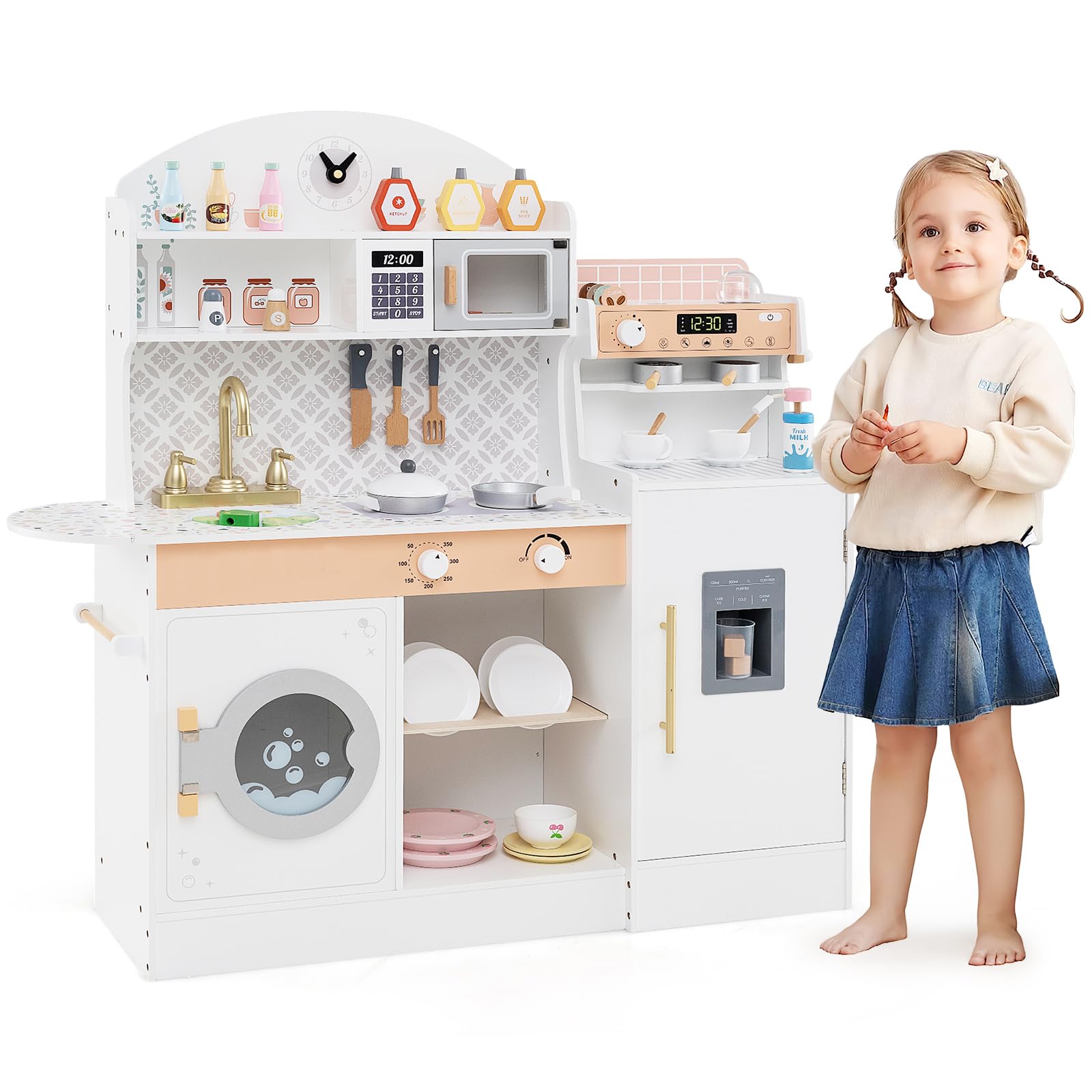 COSTWAY Kids Wooden Kitchen, Pretend Play Kitchen with Sink, Microwave, Washing Machine, Ice & Coffee Makers, Accessories, Children Cooking Role Playset for 3+ Years Old Boys Girls (White)