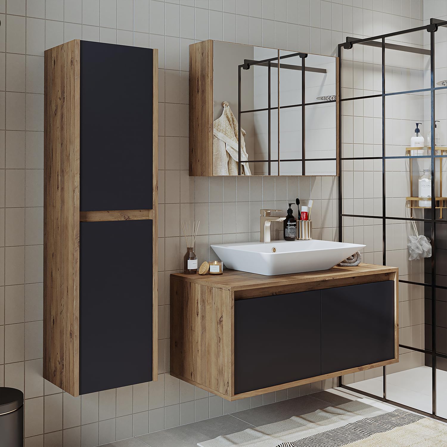 ROOMART • Badmöbel Set •Atlantic • 4 Teilig • 100 cm Unterschrank mit Keramikwaschbecken • Spiegelschrank • Hochscrank (Anthrazit Eiche)