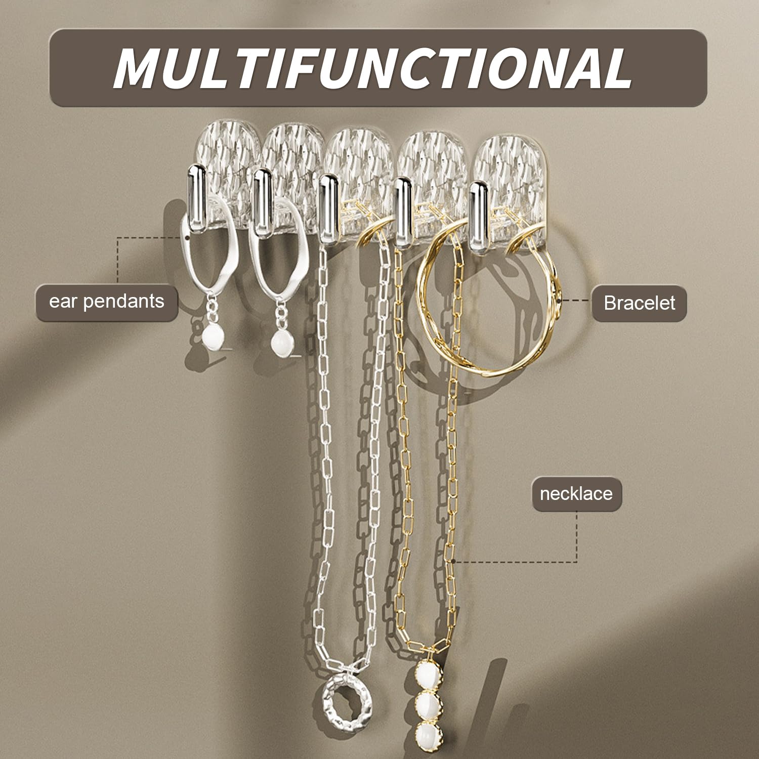 Portaoggetti Appendere Porta Collane, Orecchini Organizer Adesivi Porta Anelli Espositore con 15 Gancetti per Appendi Gioielli Braccialetti Anelli Armadio Muro