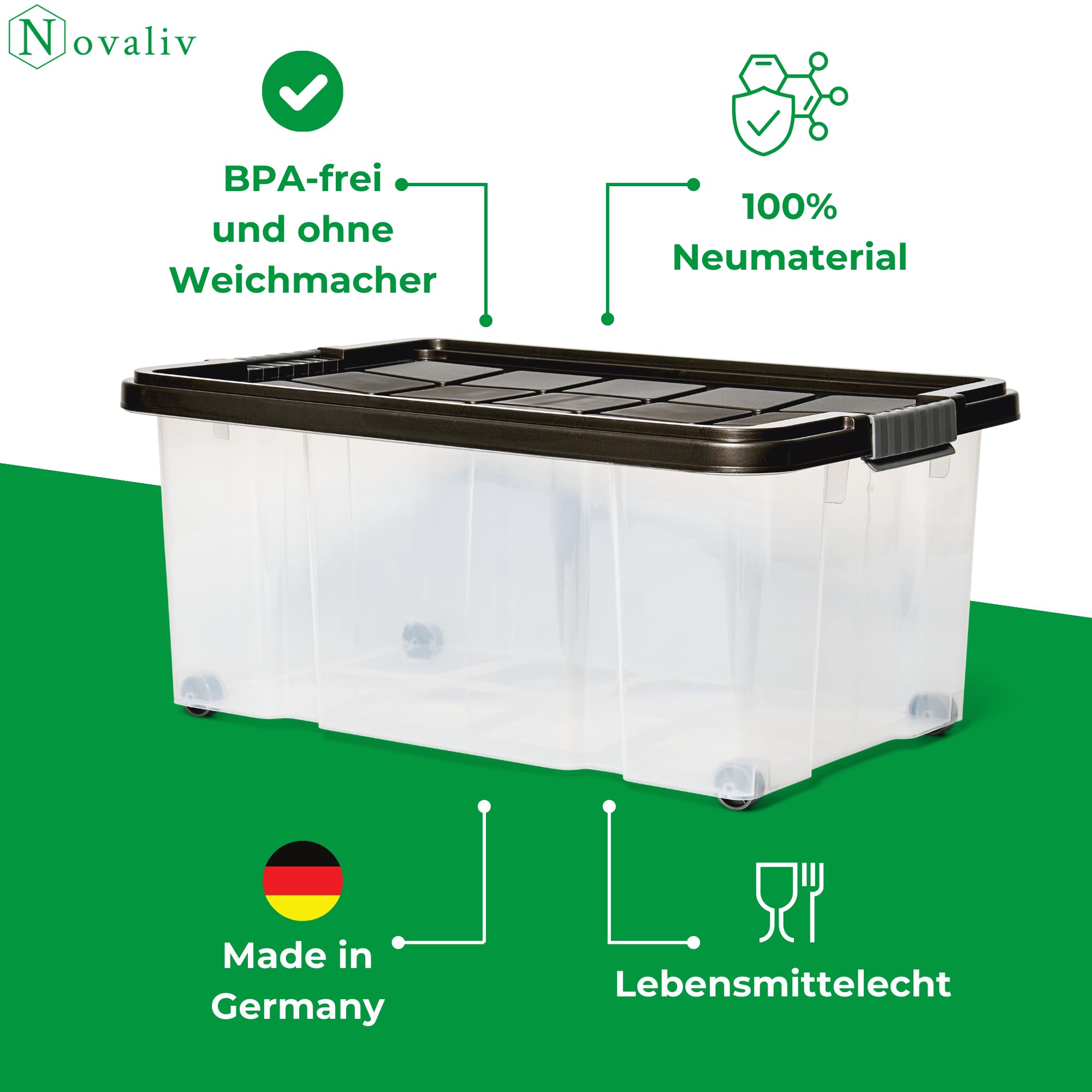 Novaliv - Set di 7 scatole portaoggetti con coperchio, colore antracite, 2 x 45 l, 2 x 15 l, 4 x 5 l, impilabili, con chiusura a clip, senza BPA