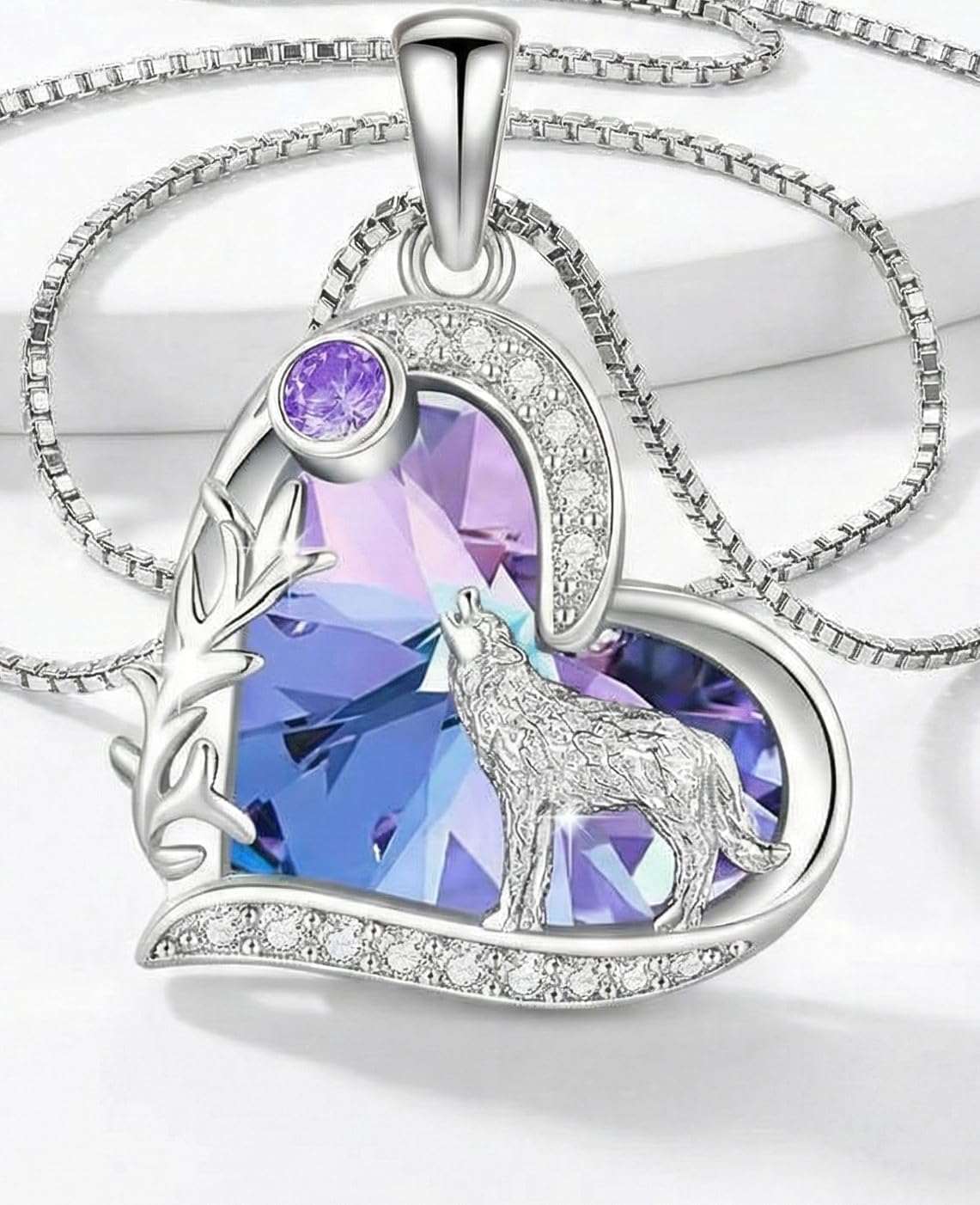 Howling Wolf Necklace with Pink Purple Heart Stone Wolf Pendant Jewelry Gifts for Women Wolf's Necklaces Birthday Gift for Her Wolves Lovers Charm Women's Pendant - Image 4