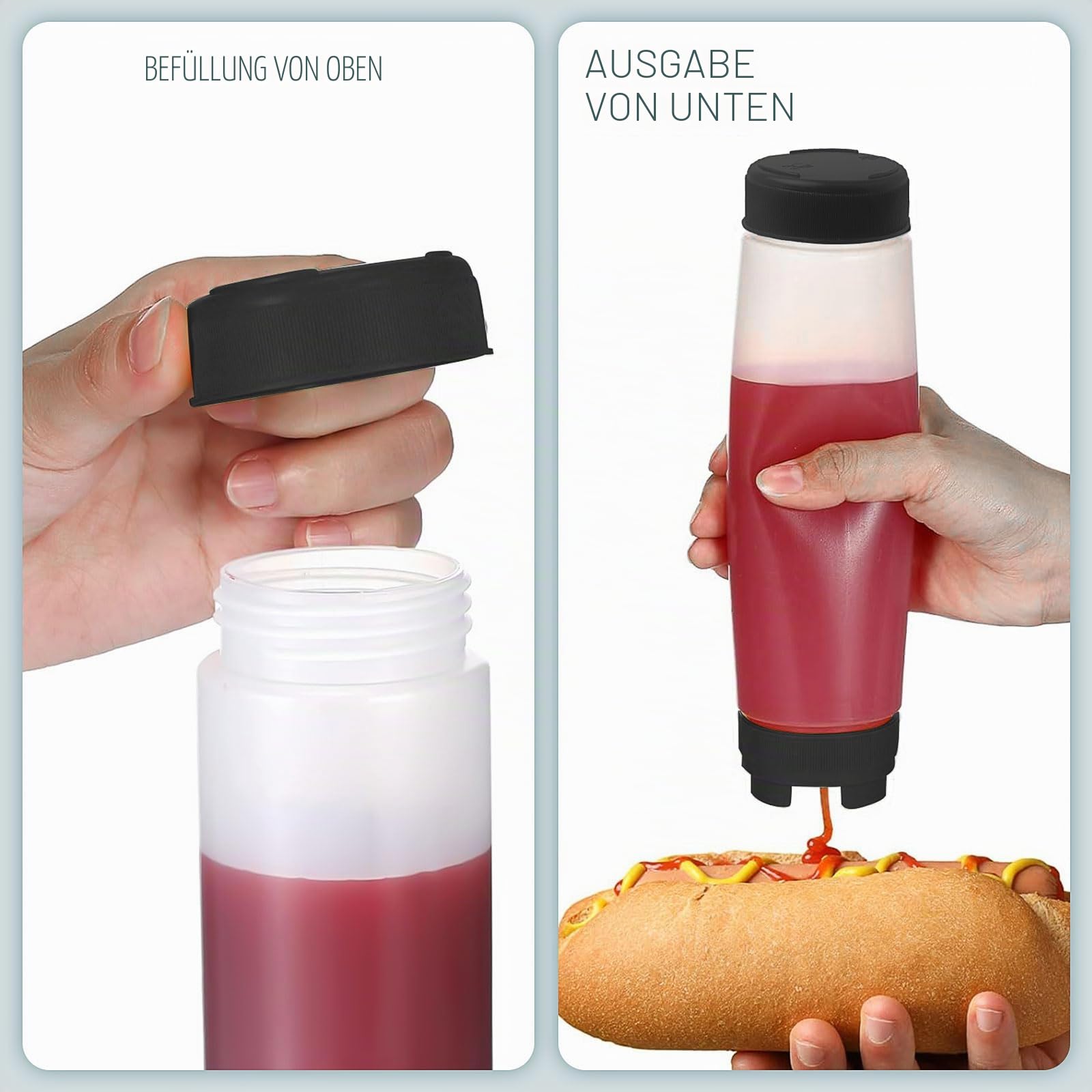 12 Stück Umgekehrte Kunststoff-Quetschflaschen 480 ml, Nachfüllbare selbstdichtende Soßenspender für dicke Gewürze Saucen Teig Dressing Catering Lebensmittel Food Truck Restaurant, Schwarz