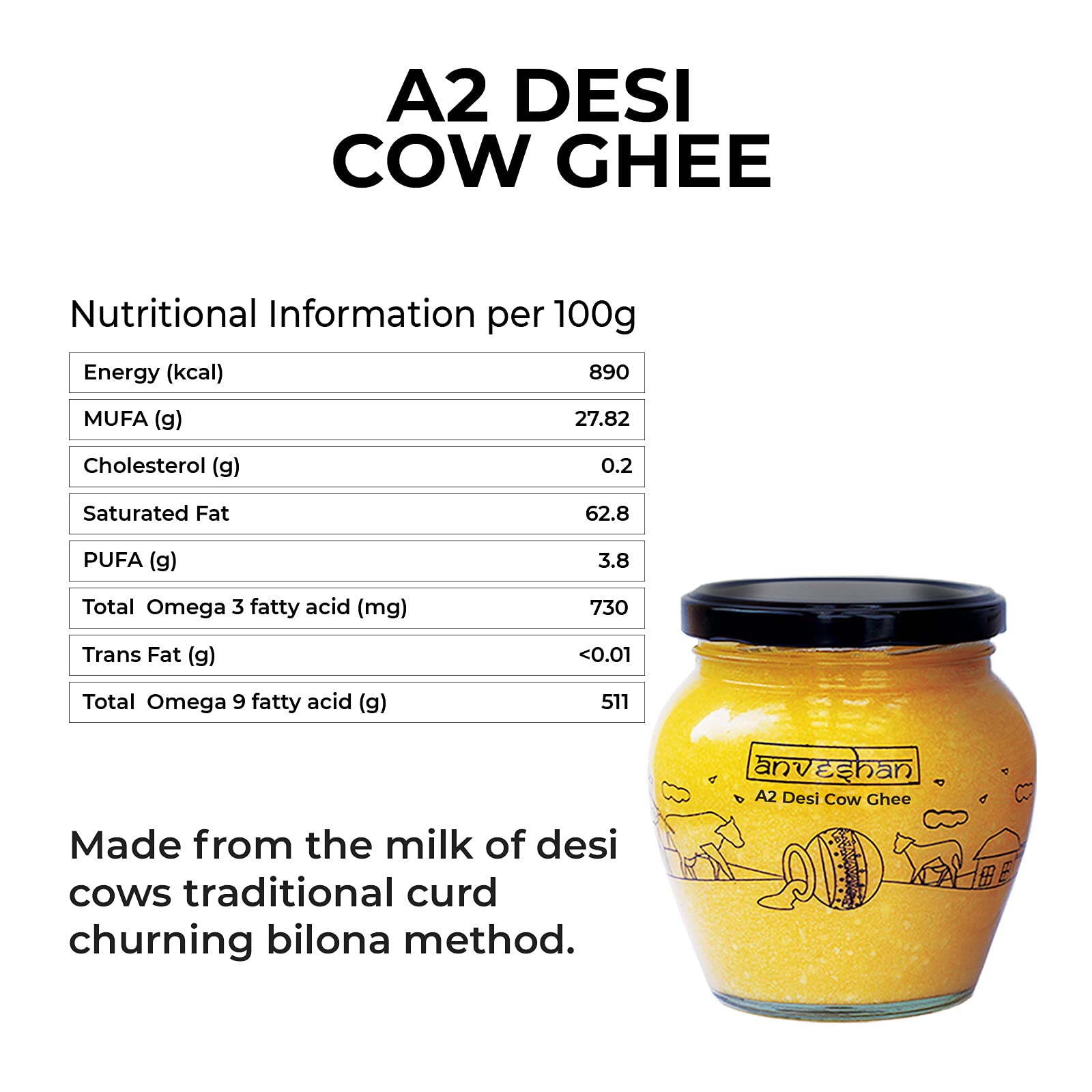 Anveshan A2 Desi Cow Ghee 500 mL Glass Jar Bilona Method Curd