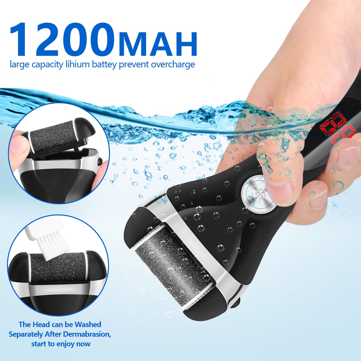 Elmchee - Kit eléctrico de eliminación de callos de pies, herramientas de pedicura recargables para el cuidado de los pies con 3 cabezales de rodillo, 2 velocidades, pantalla de batería para eliminar