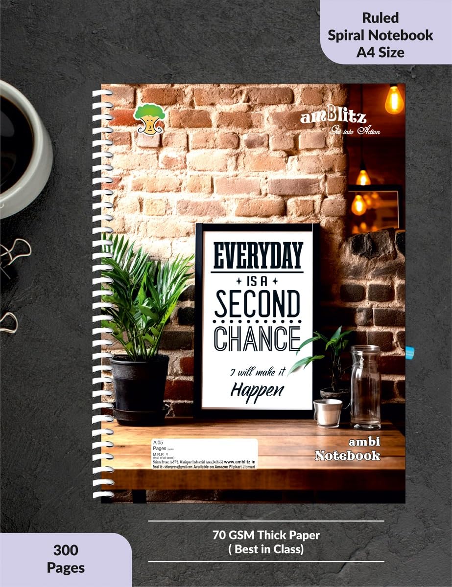 amblitz Spiral Notebook | 300 Pages | A4 Size | Single Line Ruled | Beautiful Covers with Motivational Quotes | Pack of 1 | School College Student Notemaking Notebook | 70 GSM Thick Paper 1