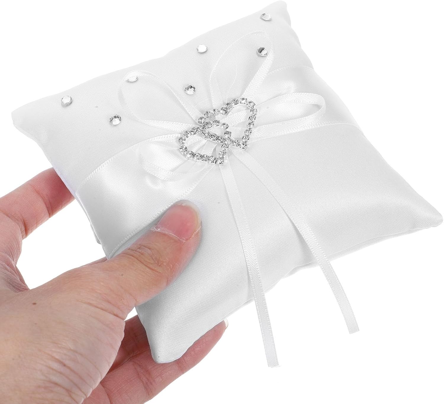 Wedding Ring Bearer Pillows Ribbon Bowknot with Double Hearts Design, and 2pcs White Heart-Shaped Rhinestone Embellishments, Portable Secure Ring Display Cushions for Wedding