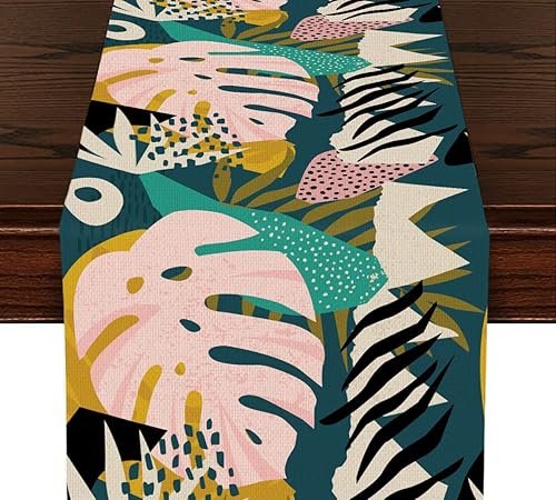 Camino de mesa bohemio con hojas de palma, decoración de mesa de comedor de cocina, decoración de mesa de comedor en acuarela tropical, hojas