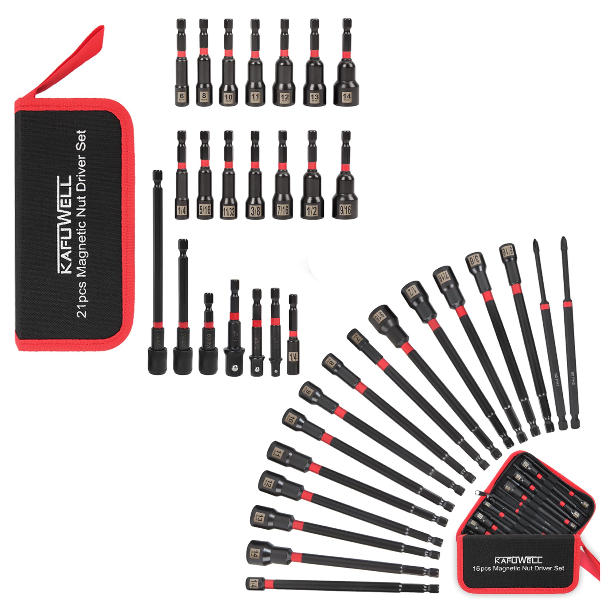 KAFUWELL37PCS Nut Driver Set Magnetic, 1/4" lmpact Drill Driver Bit Set, Metric and SAE, lmpact Socket Adapters, Long Shank Nut Driver Bits, Quick-Release Bit Holder with Storage Bag
