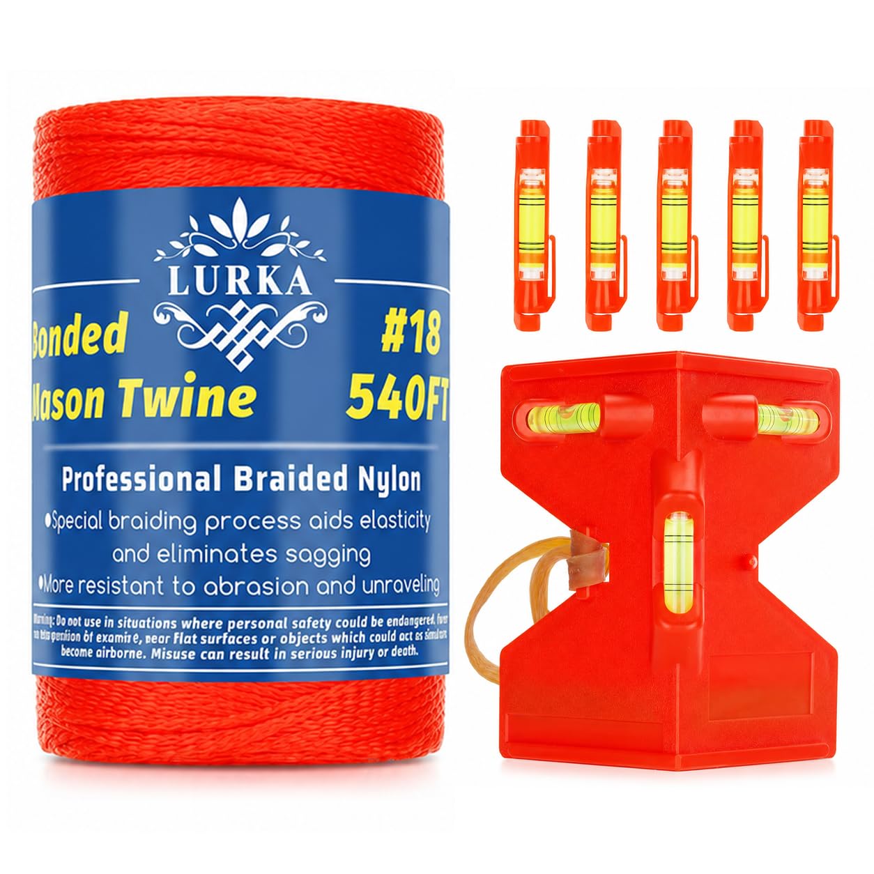 LURKA Mason Line String,#18 Feet Braided Construction Nylon Line with 5 Built-in Levels and Spool Fluorescent String Line for Precision Work, DIY (540FT with Only Coils Orange Leveling Kit)