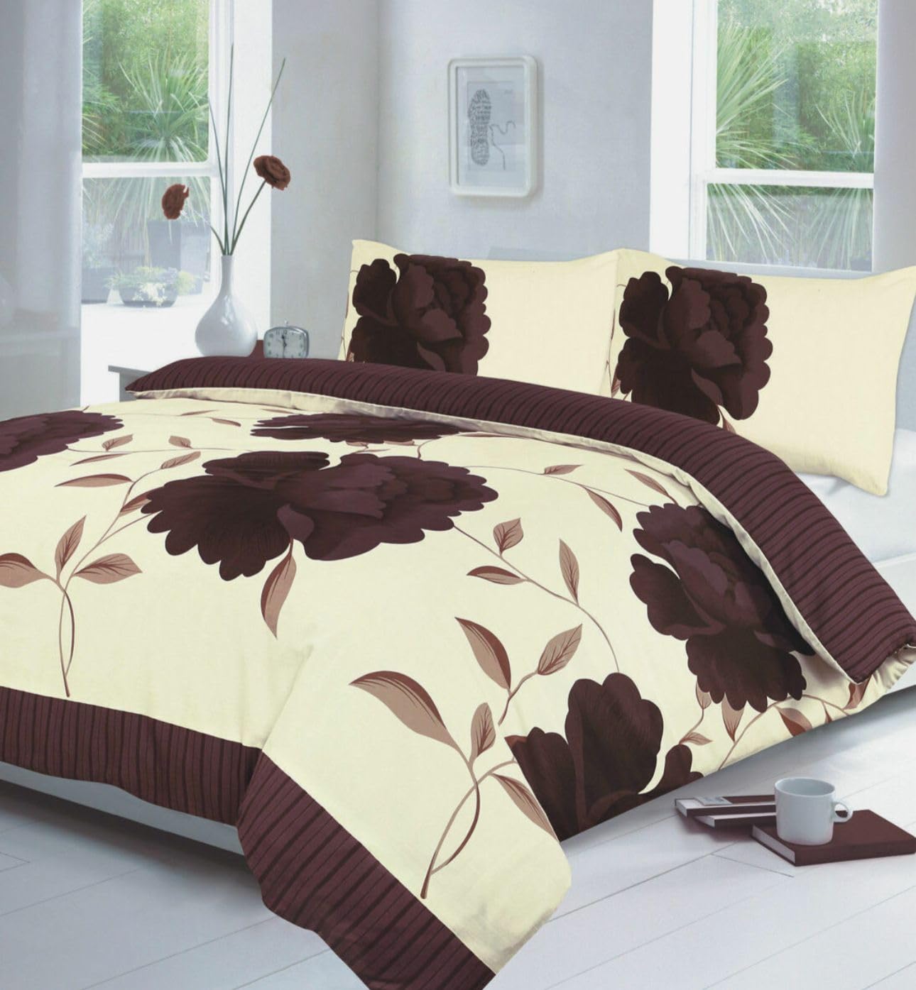 Bluemoon Bedding Rosaleen Duvet Cover Set Floral Reversible Bedding Set With Pillowcase (Chocolate, Double)