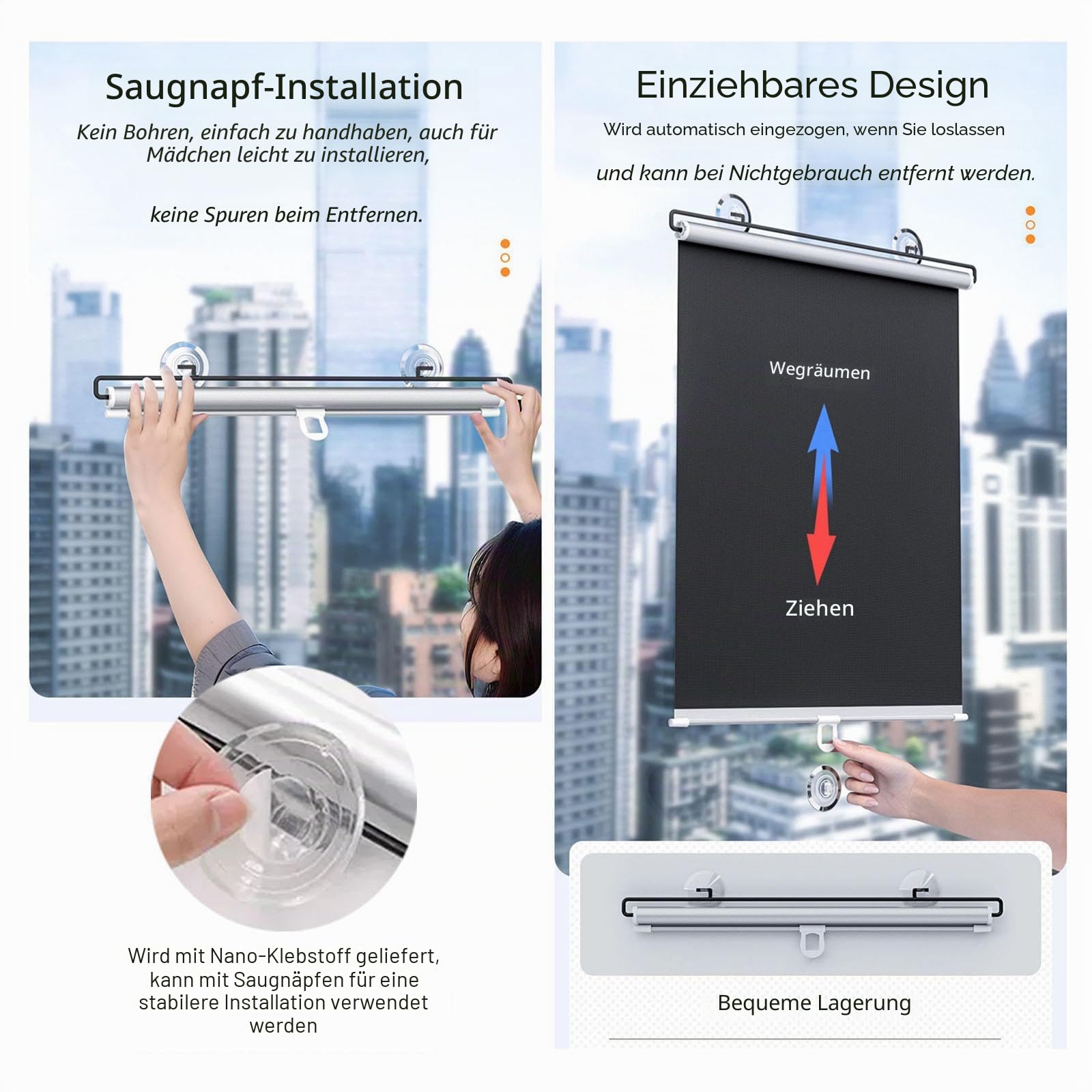 Saugnapf Rollos Für Fenster,Sonnenschutz Verdunkelungsrollos 40cm 45cm 50cm 58cm 68cm 80cm,Temporäre Jalousien Ohne Bohren,Einziehbarer Sichtschutzvorhänge,Thermorollo Schwarz,W×H-80*200cm(31*79in)