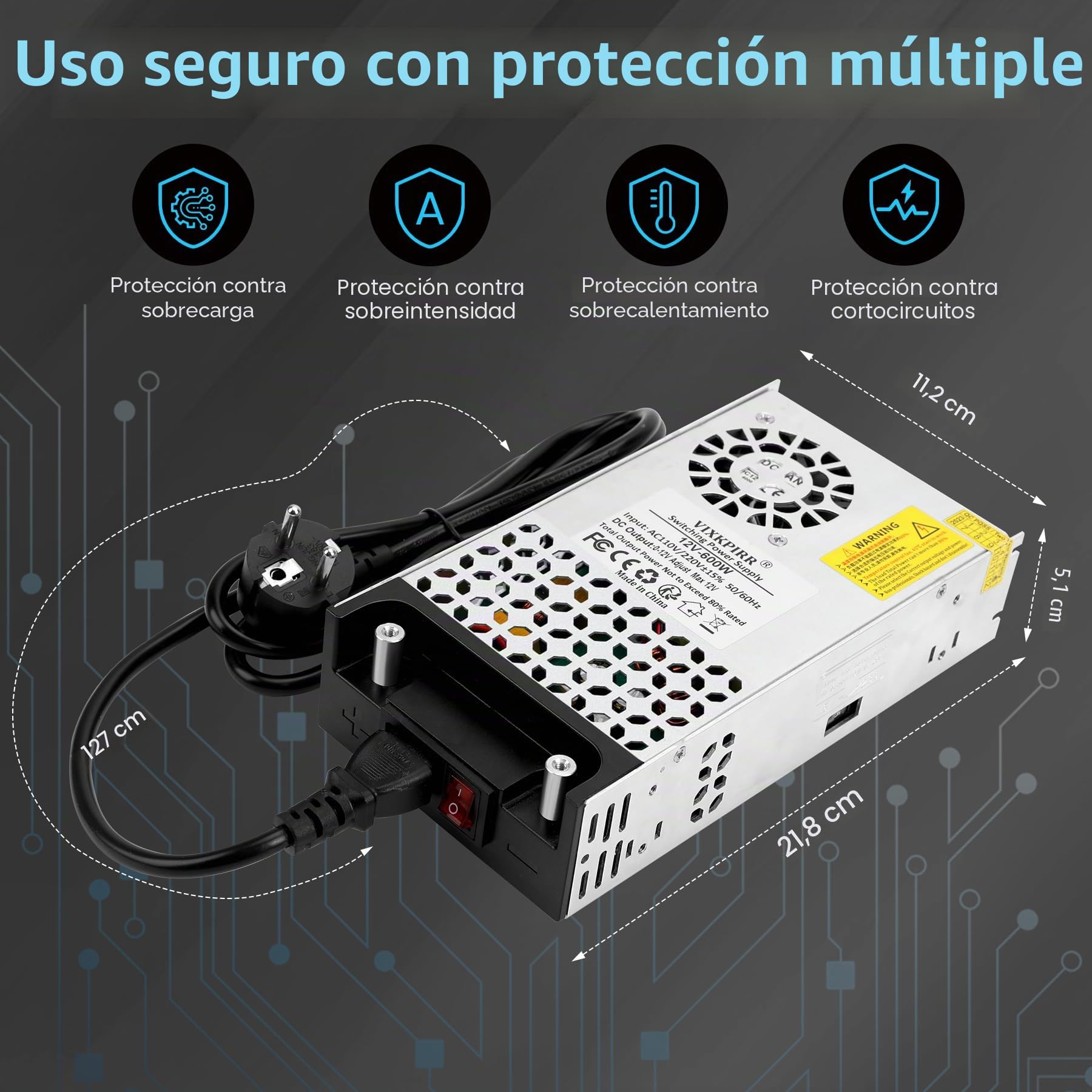 Fuente de Alimentación 12V 50A 600W Transformador, 220V CA a CC 12V 50A 600W Fuente Alimentación para LDE lámpara Motor Bomba CCTV Cámara de Seguridad Car Stereo Impresora 3D y Más