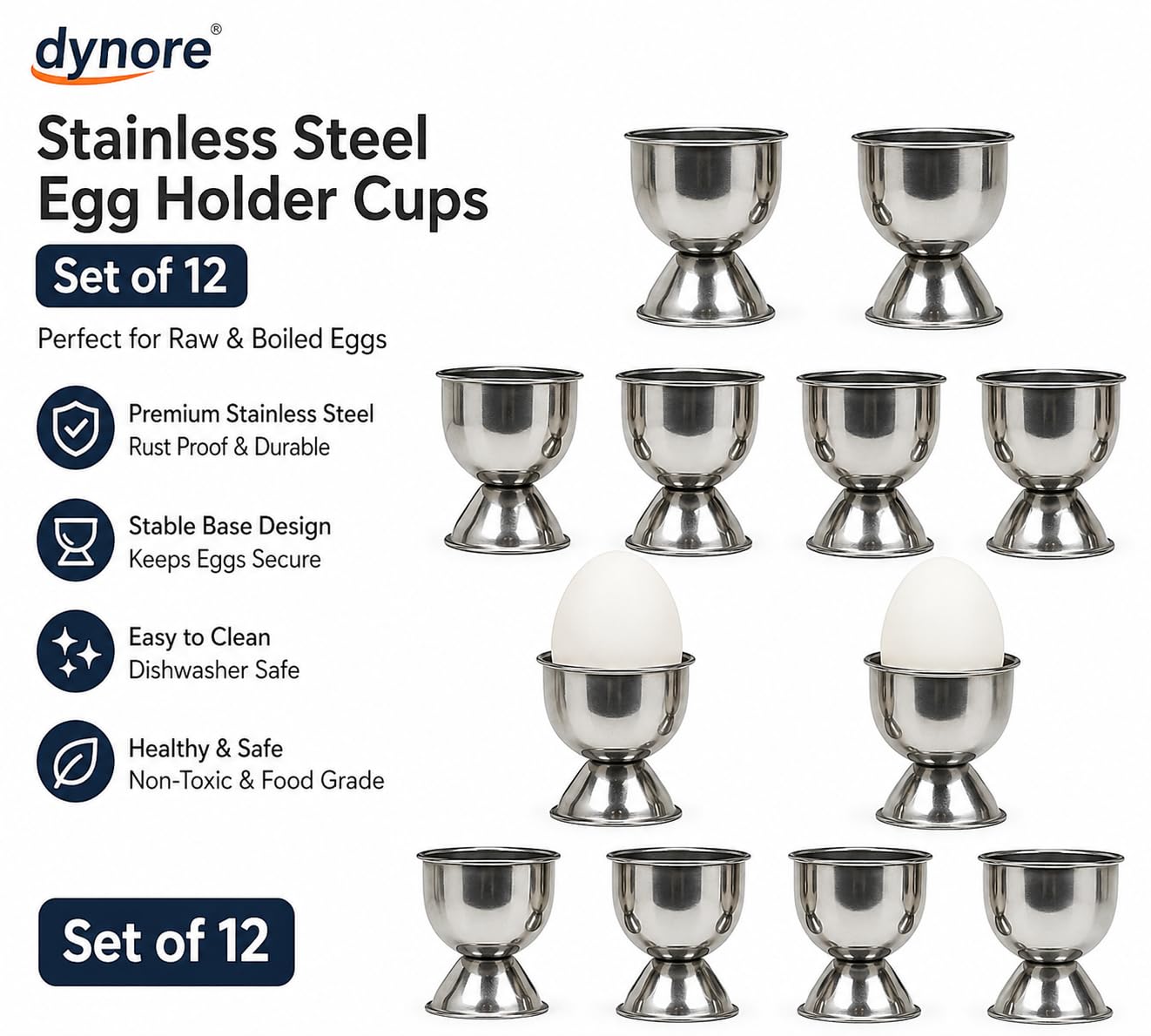 Dynore Stainless Steel Egg Holder Cups for Raw and Boiled Eggs Set of 12 1