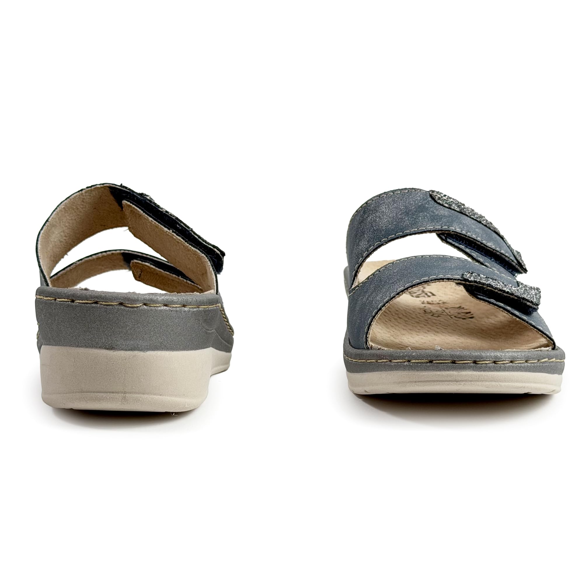 JOMIX Mules Femme Orthopédiques à Scratch Pantoufles d'Été Anatomiques Semelle Amovible en Cuir Véritable Sandales églables Compensées Confortables pour Pieds Sensibles et Senior Bleu 35