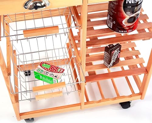 Miniatura 3 de Carrito de cocina con ruedas, encimera de azulejos con 2 cajones, 3 cestas de metal para alimentos y 2 estantes abiertos y 1 estante para vinos,