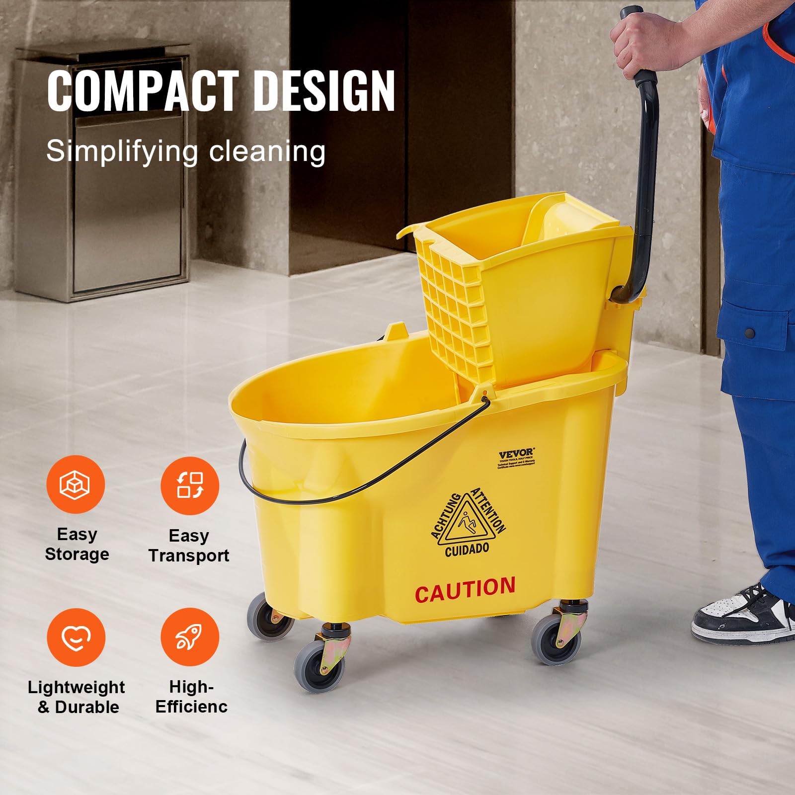 VEVOR Seau-Essoreur à Serpillière, 33 L. Seau à Frange avec Essoreuse Commercial à Pression Latérale, Chariot Lavage Sol, pour Ménage Nettoyage des Sols Professionnels/Industriels/Entreprises